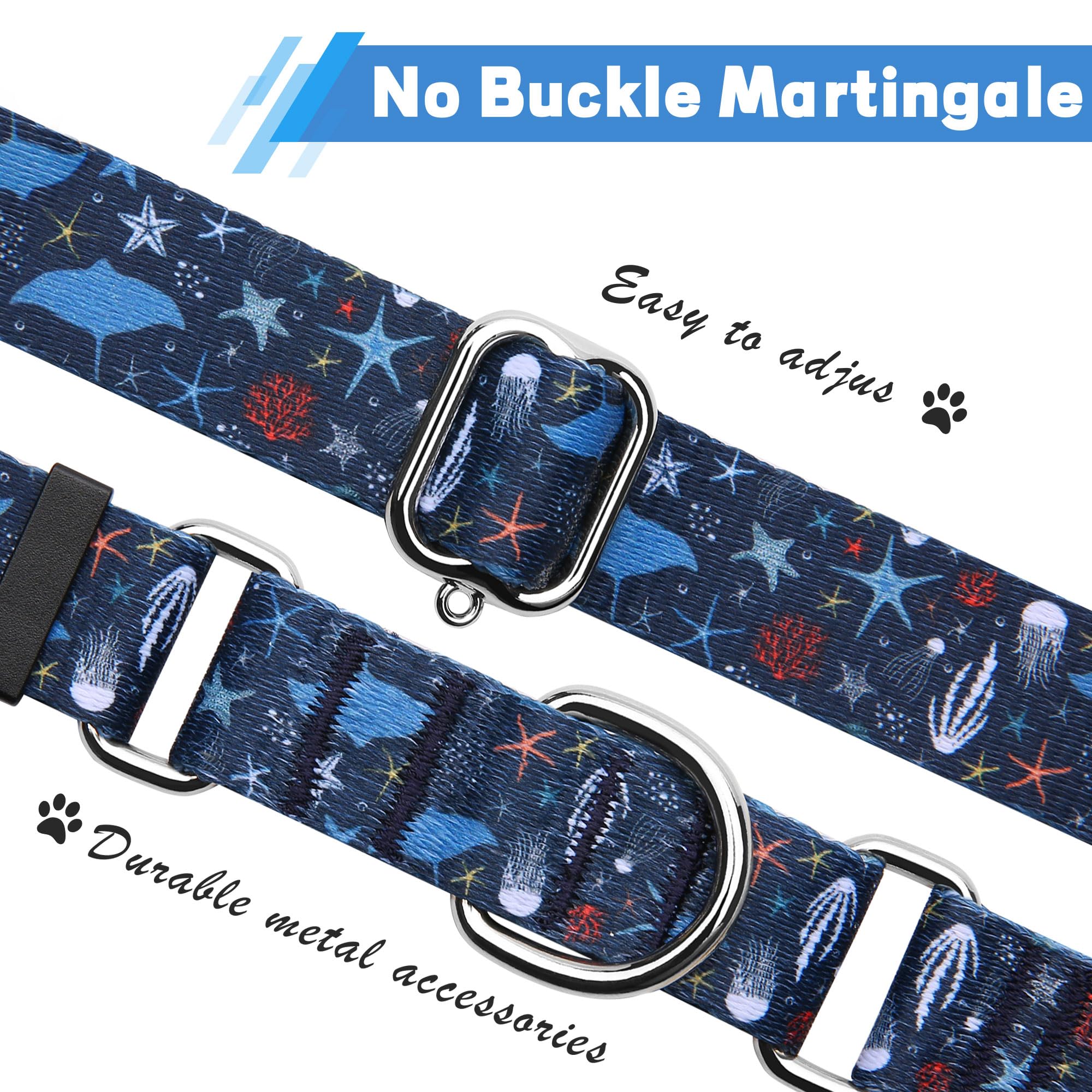 Hikiko Martingale Collar For Dogs With No Buckle Starfish Blue Dog Collars For Large Dogs,Submarine,L