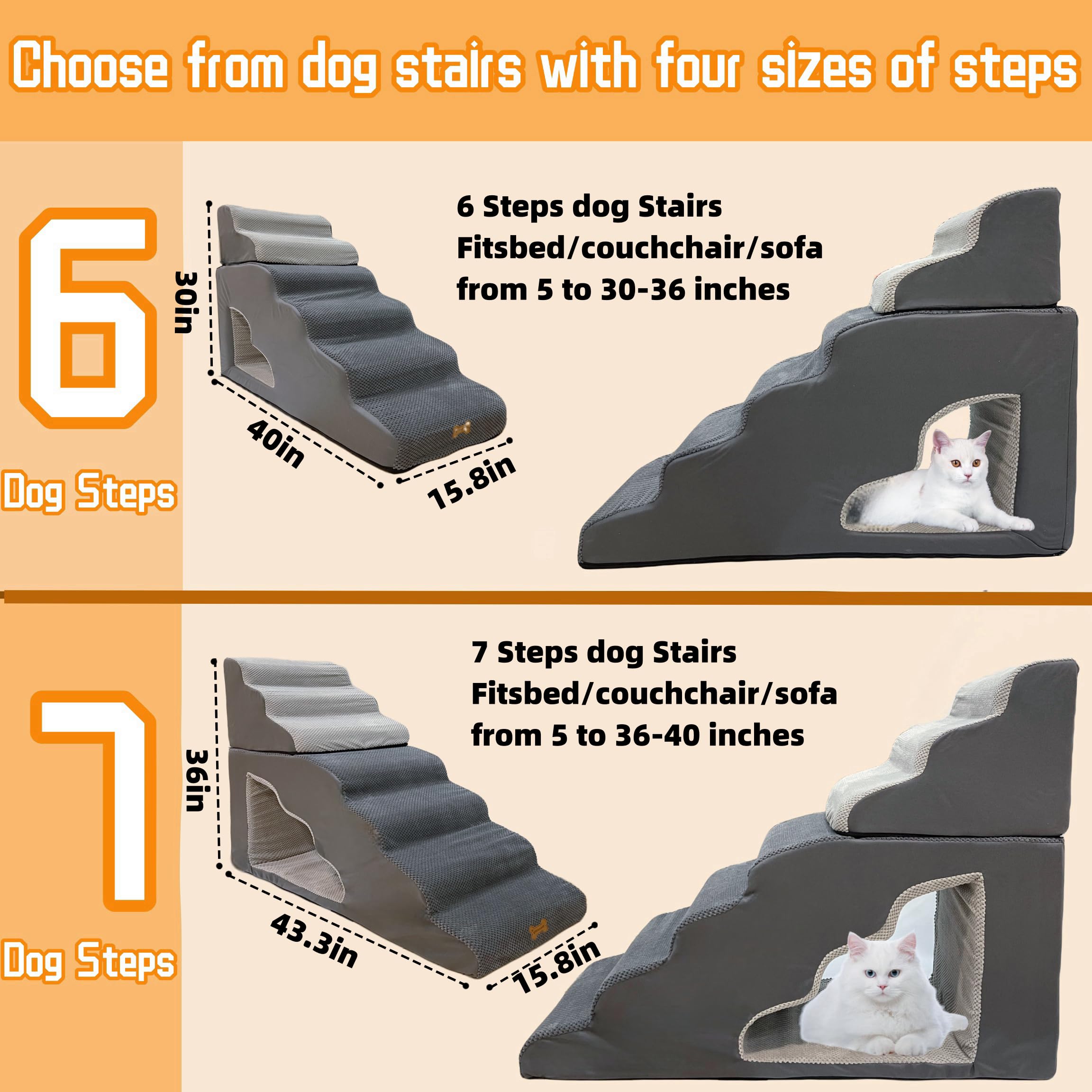 7-Step Dog Stairs For 36 Inch High Beds Small Dogs, Pet Ramp Stairs 20-42 Inch Couch Bed, Non-Slip Balanced Stairs 75Lbs For Sma