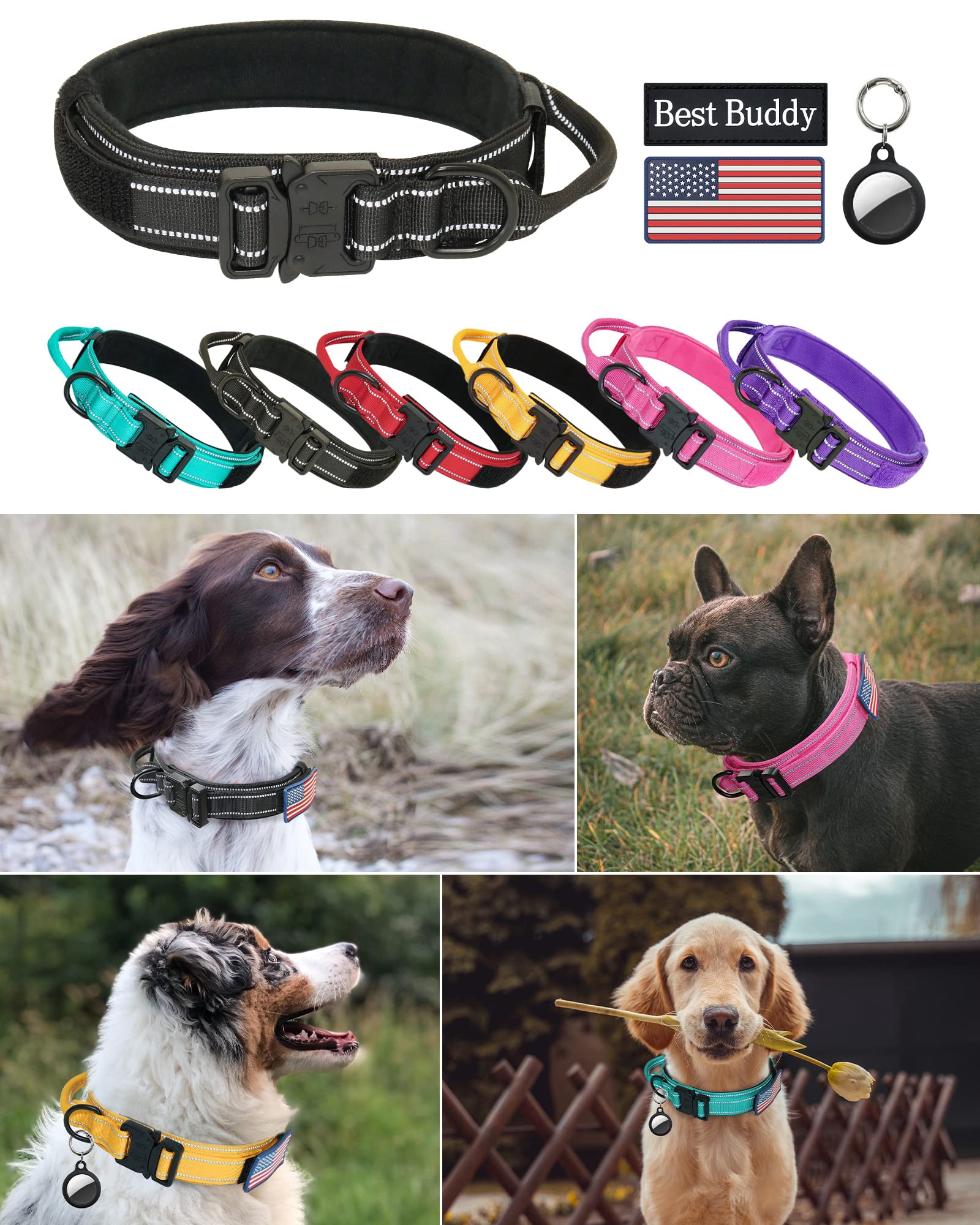 Reflective Dog Collar, Aubeel Tactical Dog Collar For Medium Large Dogs, Heavy Duty Dog Collars With Handle And Metal Buckle Great For German Shepherd, With Airtag Holder And 2 Patches(Black, L)
