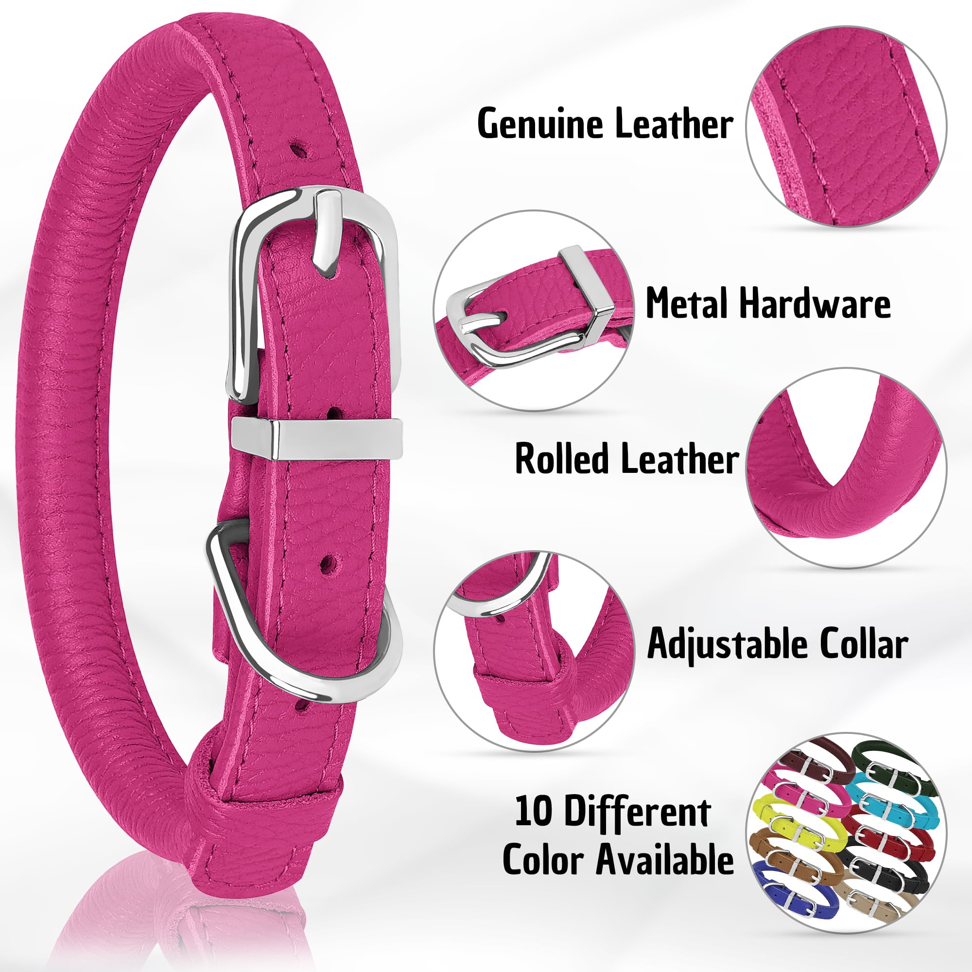 Oopsdoggy Rolled Leather Dog Collar Soft Roll Collars For Small Medium Large Dogs Puppy (Pink, Xs, 8''-11'')