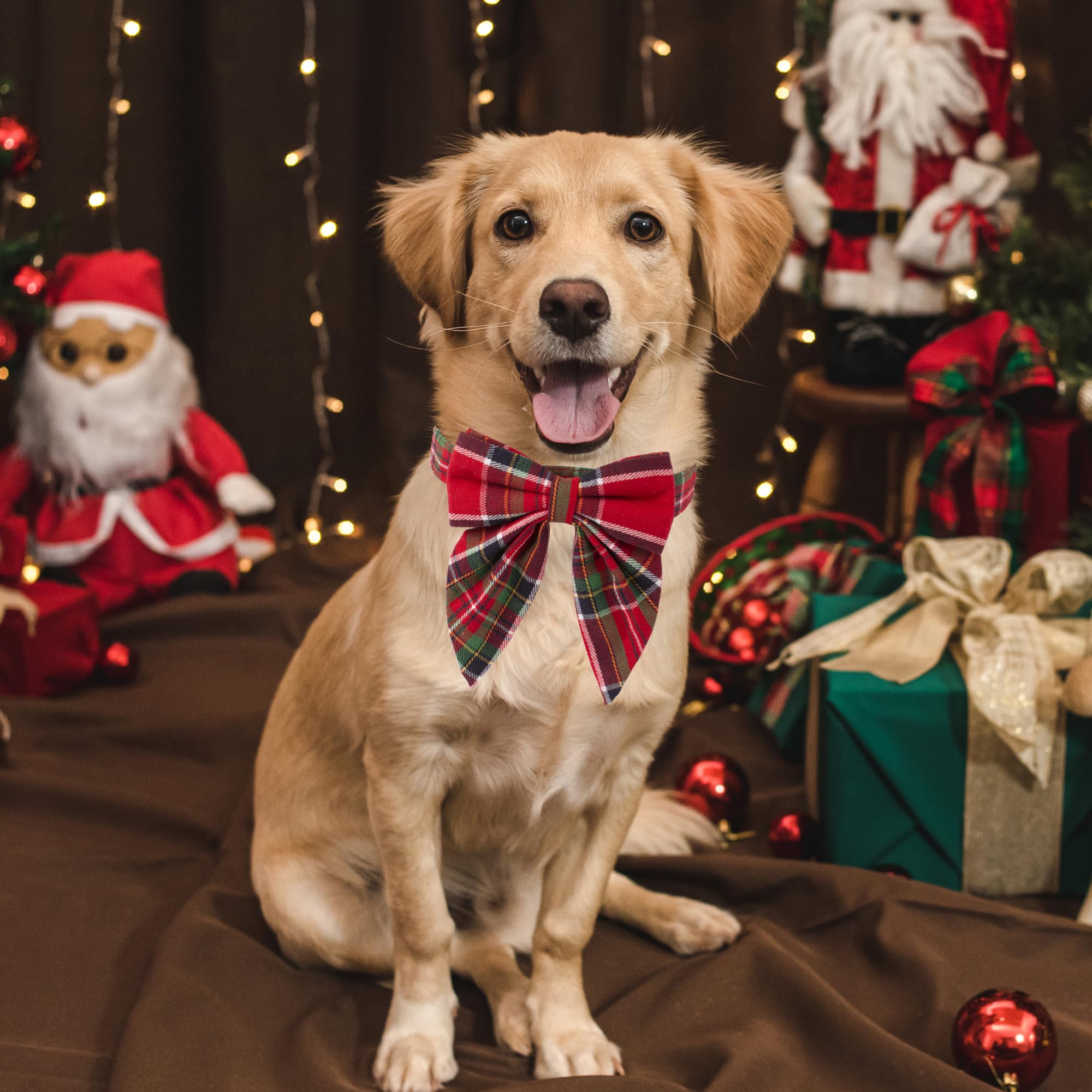 Adoggygo Christmas Dog Collar With Bow, Adjustable Cotton Red Green Plaid Bowtie Dog Christmas Collars For Small Medium Large Dogs Pets (Large, Xmas)