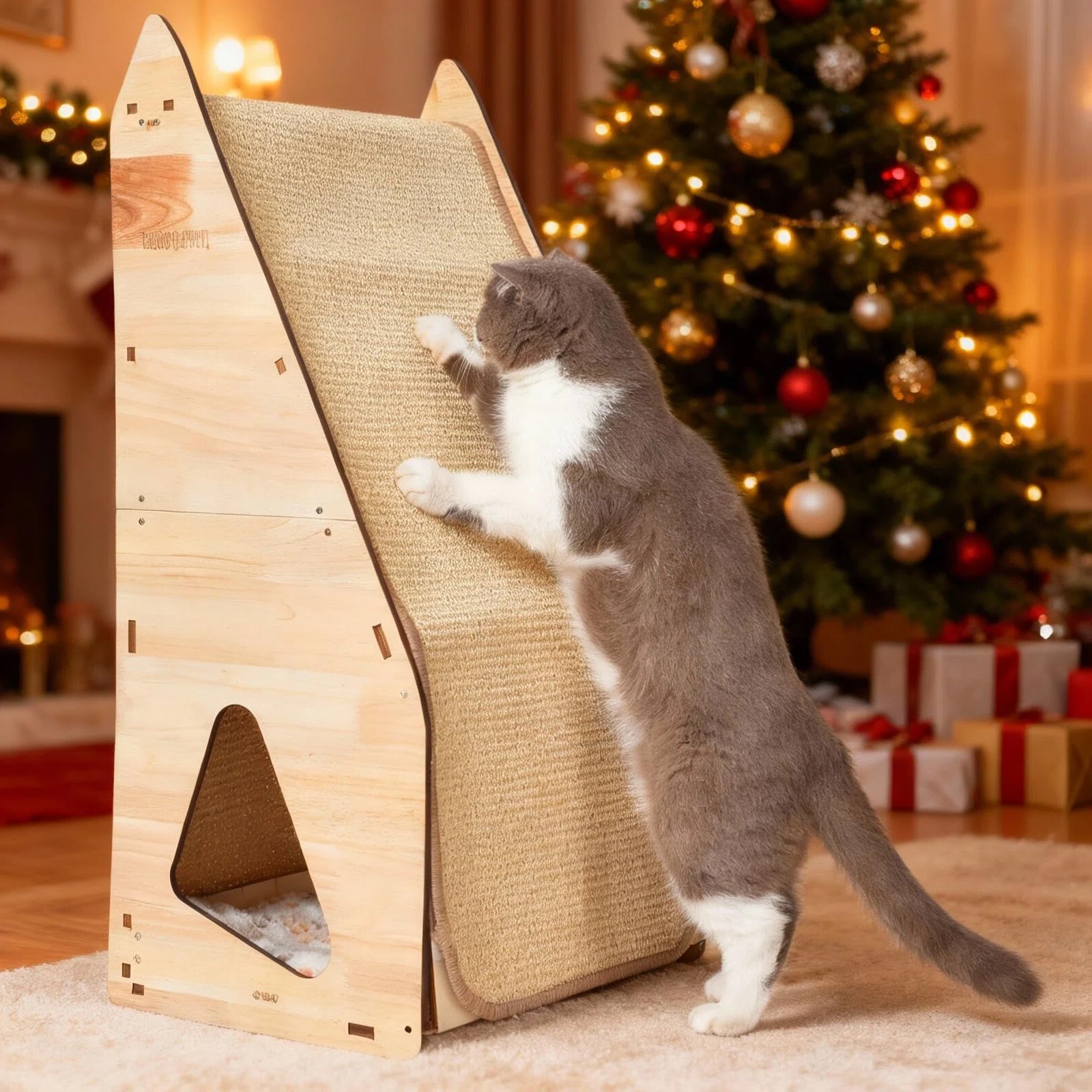 FIVLOCCEN Enhanced Wood-Framed Cat Scratching Post: Large Sisal Cat Scratcher, Integrated Scratch Post Pad Condo Tunnel House. A