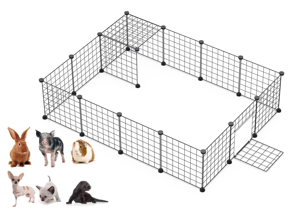 Langxun Rabbit Run,Puppy Pen With Door,Encrypted Wire Mesh Cages16 Panels Indoor/Outdoor Diy Metal Pet Fence For Puppy,Rabbit,Kitten,Hamster,Guinea Pig,Turtle,Hedgehog.Black