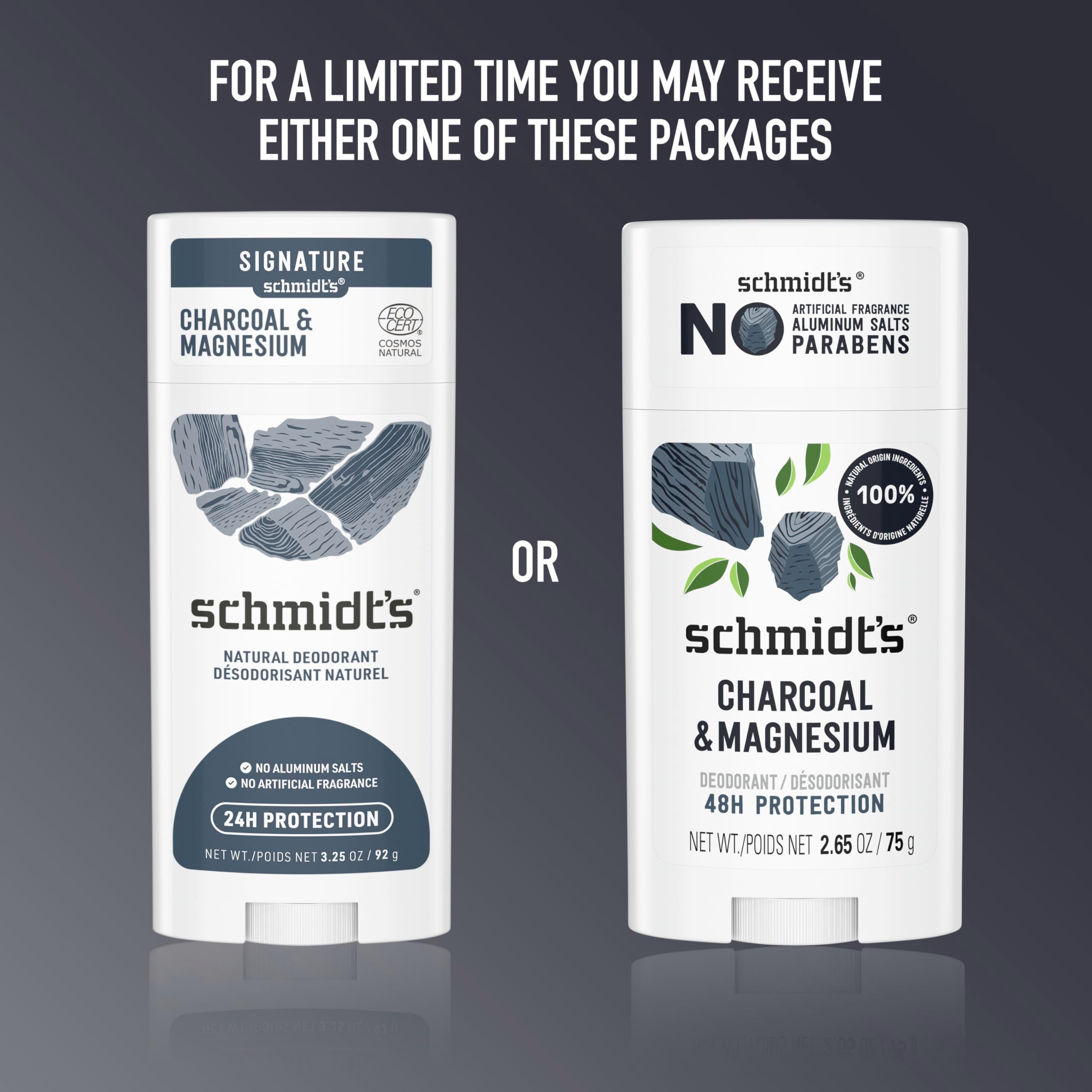 Schmidts Aluminum-Free Vegan Deodorant Charcoal & Magnesium with 48 Hour Odor Protection, for Women and Men, Natural Ingredient