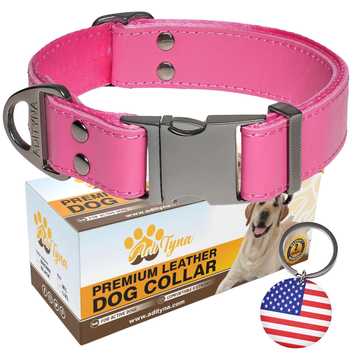 ADITYNA Pink Leather Dog Collar with Metal Buckle - Heavy-Duty, Adjustable for Medium & Large Girl Dogs (Pink, Fits 15-21'' Neck