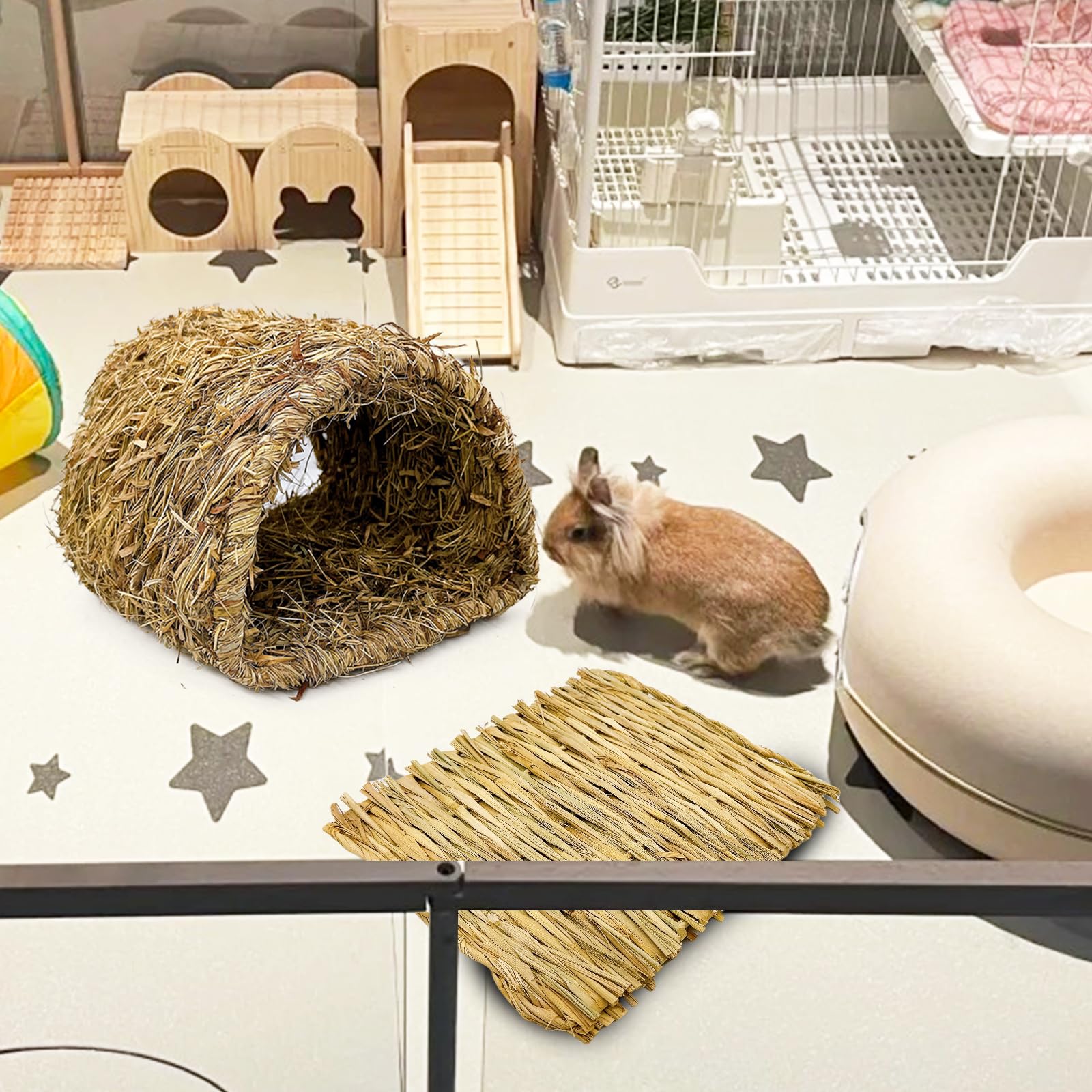 Hamiledyi Bunny Grass Tunnel,Rabbit Grass Bed,Natural Straw Woven Mat Winter Warm Hideaway Hut For Rabbit Gerbil Ferrets Guinea