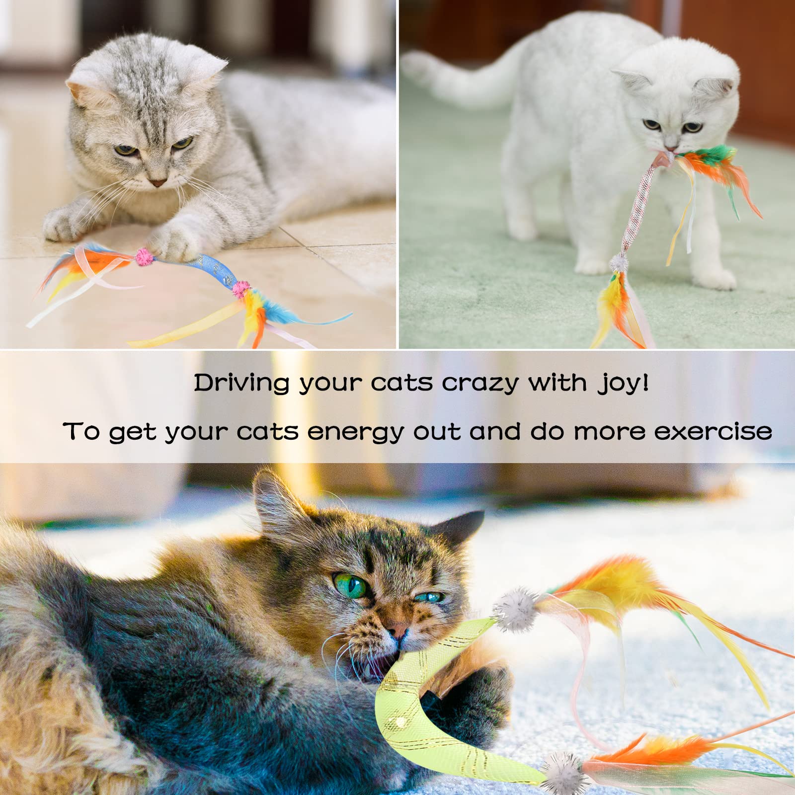 Tusatiy Cat Feather Toys With Bell 4Pack, Colorful Cat Teaser Cat Springs Ribbon Toys,Interactive Cat Toys For Indoor Cats Kitte