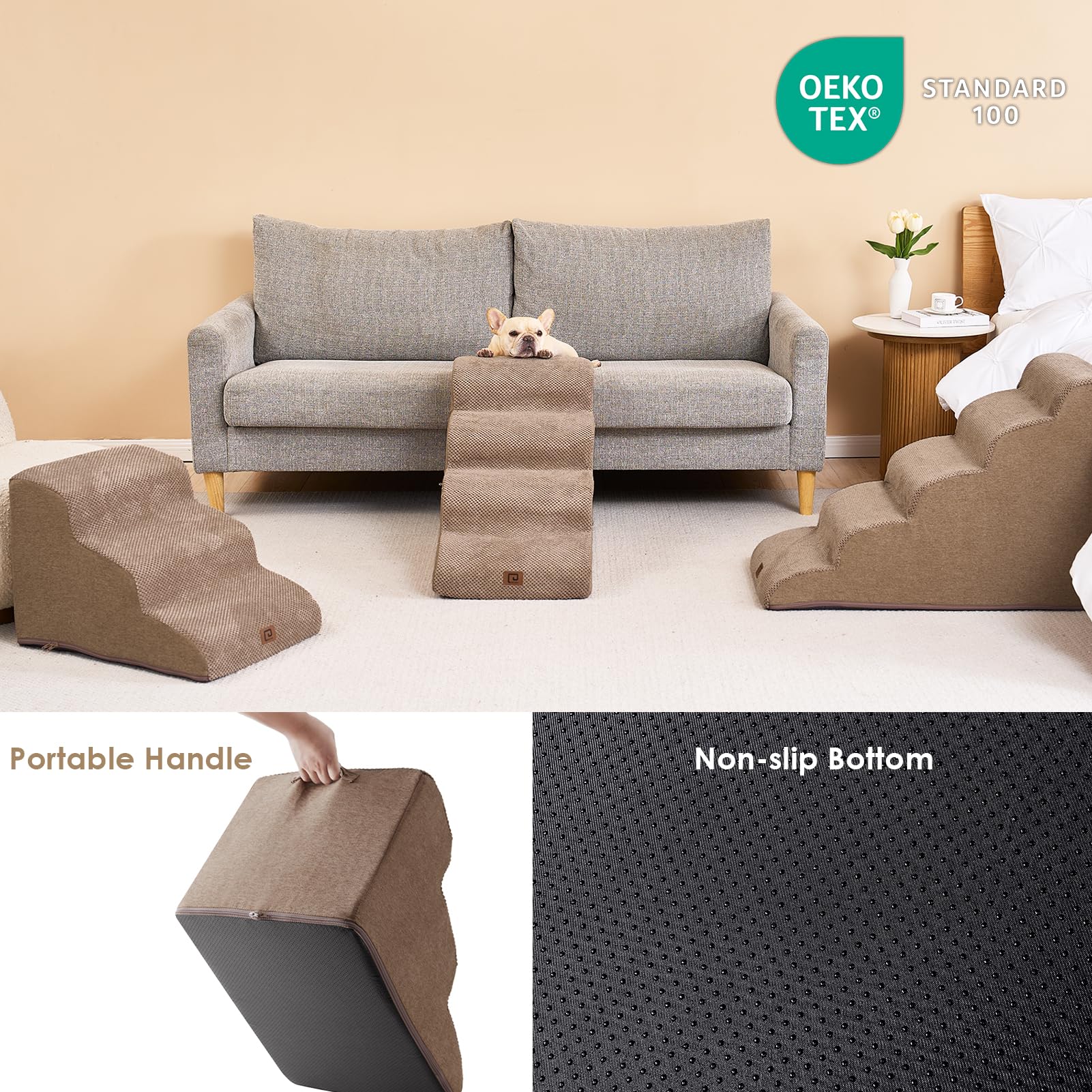 Eheyciga Curved Dog Stairs Ramp For High Beds 19.7' H, 4-Step Dog Steps For Small Dogs And Cats, Pet Stairs For High Bed Climbing, Non-Slip Balanced Pet Step Indoor, Camel