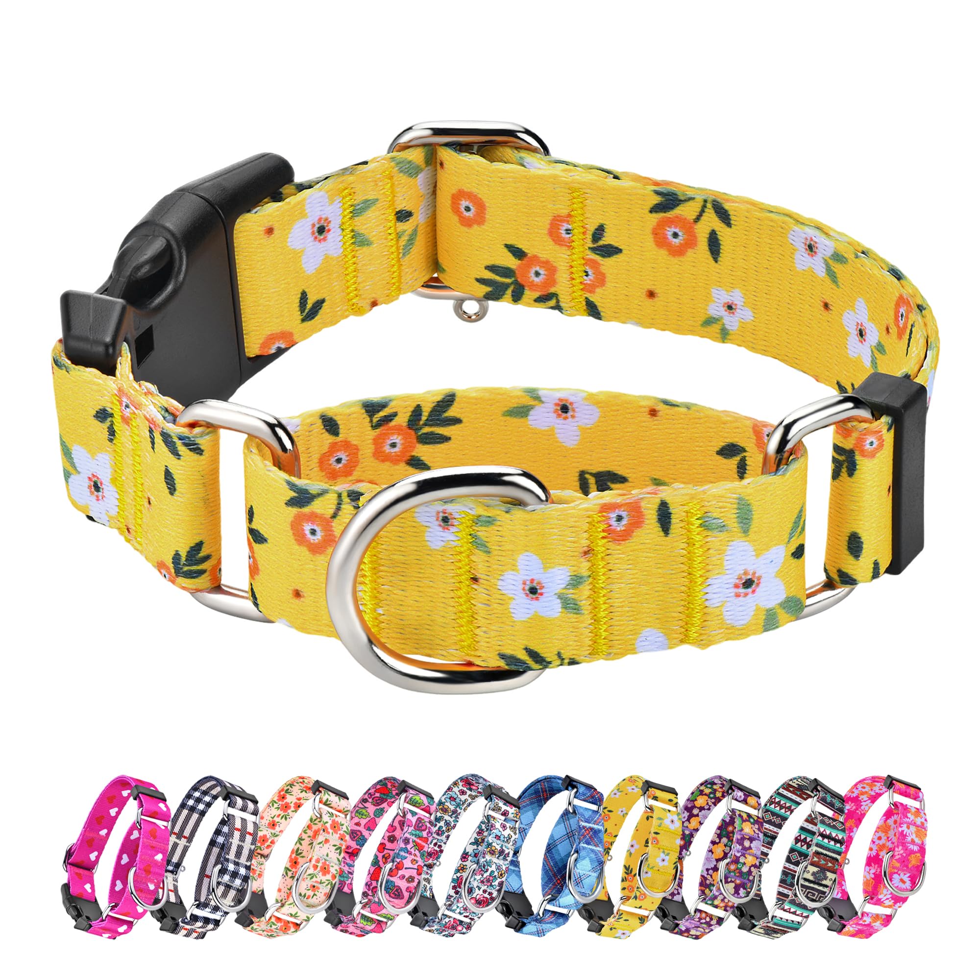 Hikiko Martingale Collar For Dogs Cute Floral Dog Collar For Small Medium Large Dogs Soft Nylon Quick Release Dog Collars (Yello