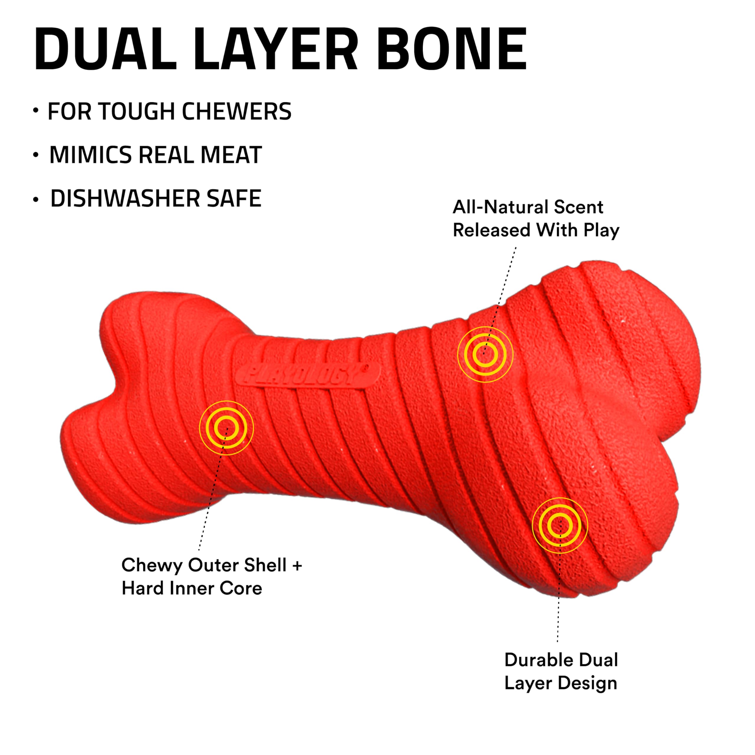 Playology Dual Layer Bone | Engaging All Natural Beef Scented Dog Toy, Red Bone For Medium Dogs Up To 50Lbs | Interactive & Dura