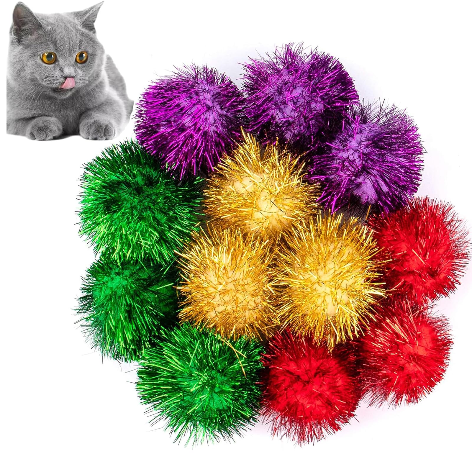 Auear, 12 Pack 2 Inch Sparkle Ball Shiny Tinsel Pom Poms Interactive Balls Cat For Kittens (4 Colors)