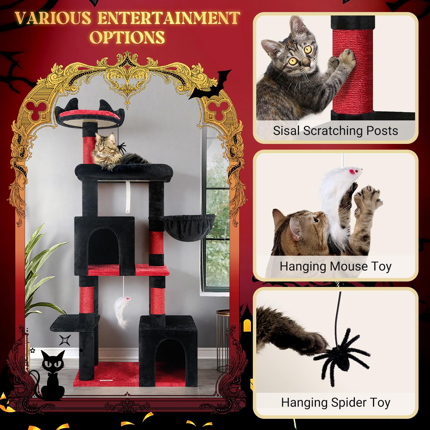 Globlazer F62 Gothic Cat Tree, 62In Goth Cat Tower Kitty Cat Climbing Tower With Large Platform For Indoor Cats, Scratching Post