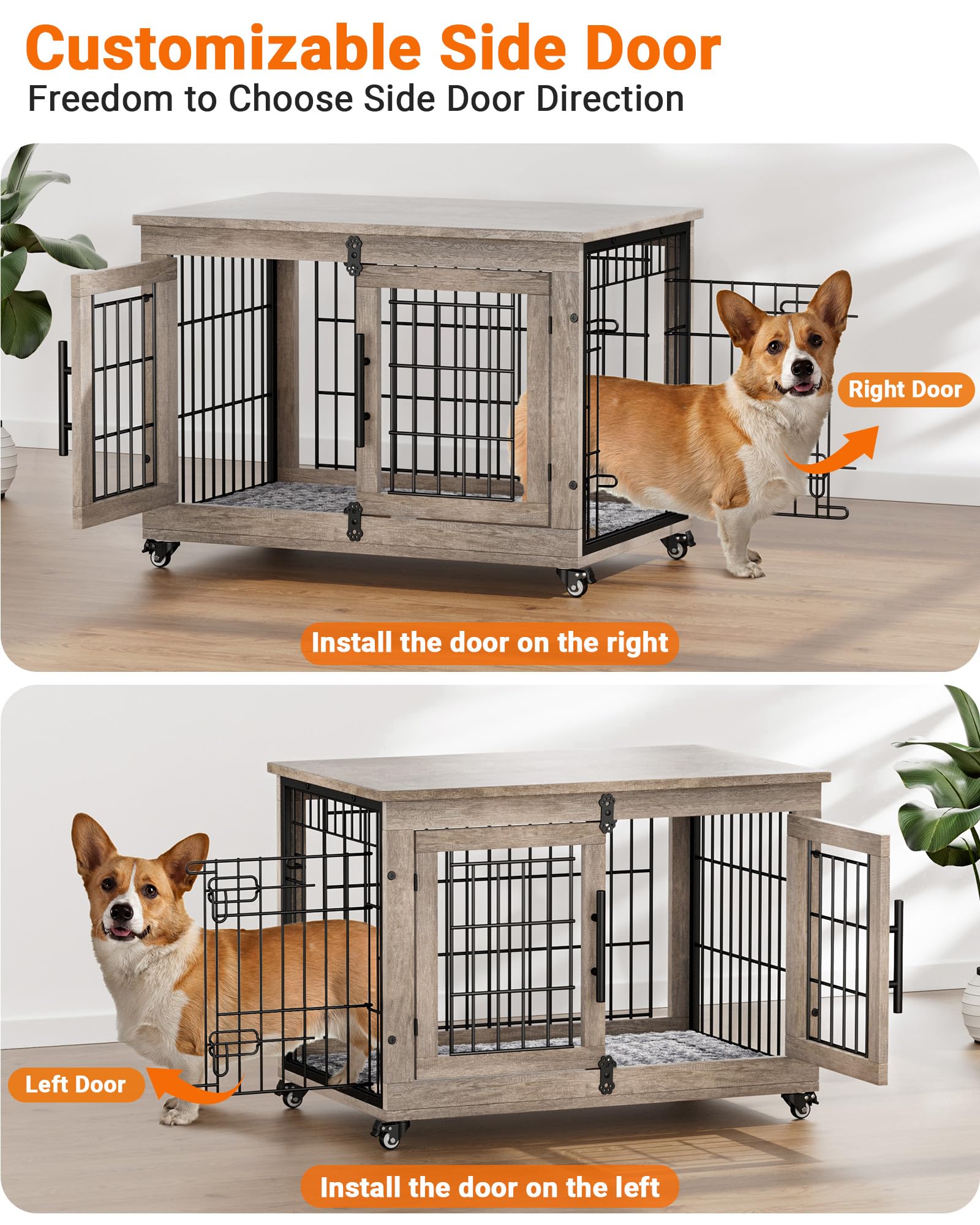 Dog Crate Furniture with Cushion Set of 2, Wooden Dog Kennel Indoor with Wheels & Double Doors, Dog Cage Side End Table for Medi
