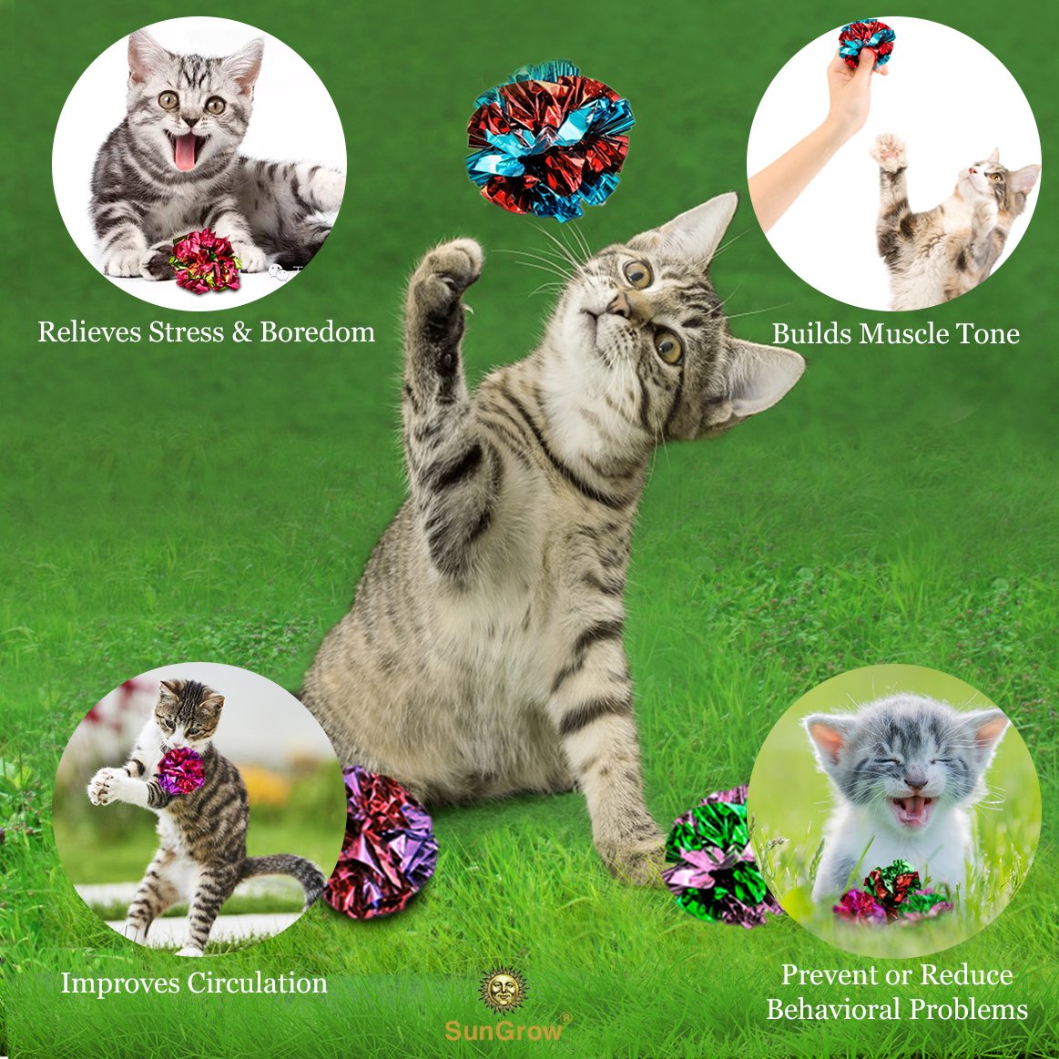 SunGrow 12 Pack Cat Crinkle Balls - 2 Inch Toys for Indoor Pets - Keep Your Feline Energetic & Excited with Vibrant Colors, Ligh