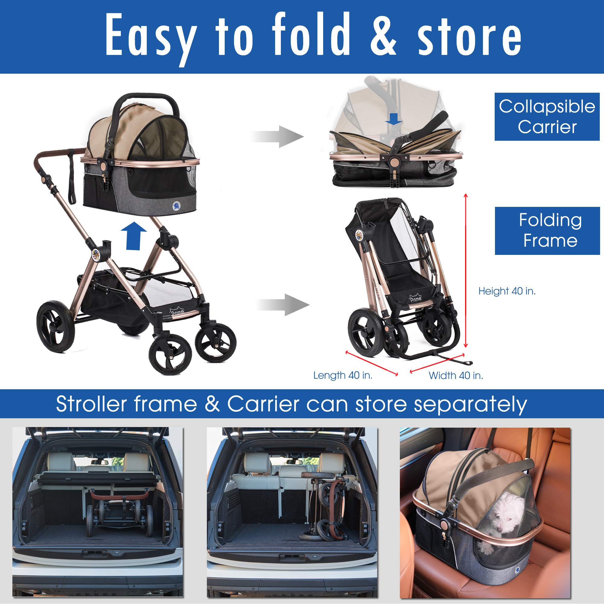 Hpz Pet Rover Prime 3-In-1 Luxury Dog/Cat Stroller (Travel Carrier +Car Seat +Stroller) With Detach Carrier/Pump-Free Rubber Tir