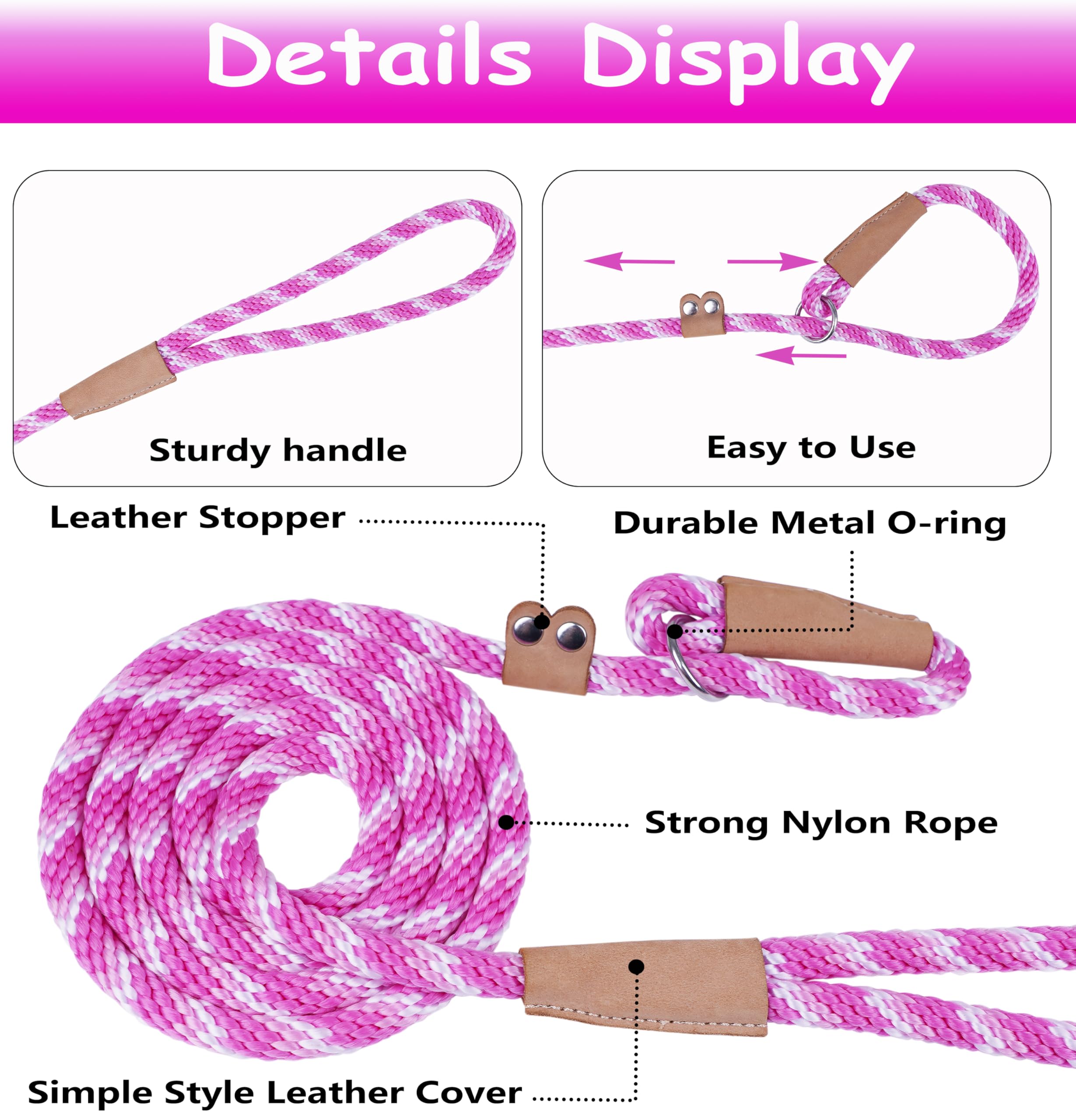 Classic Braided Rope Dog Leash - 6 Ft Slip Lead For Dogs (Pink, 3/8'')