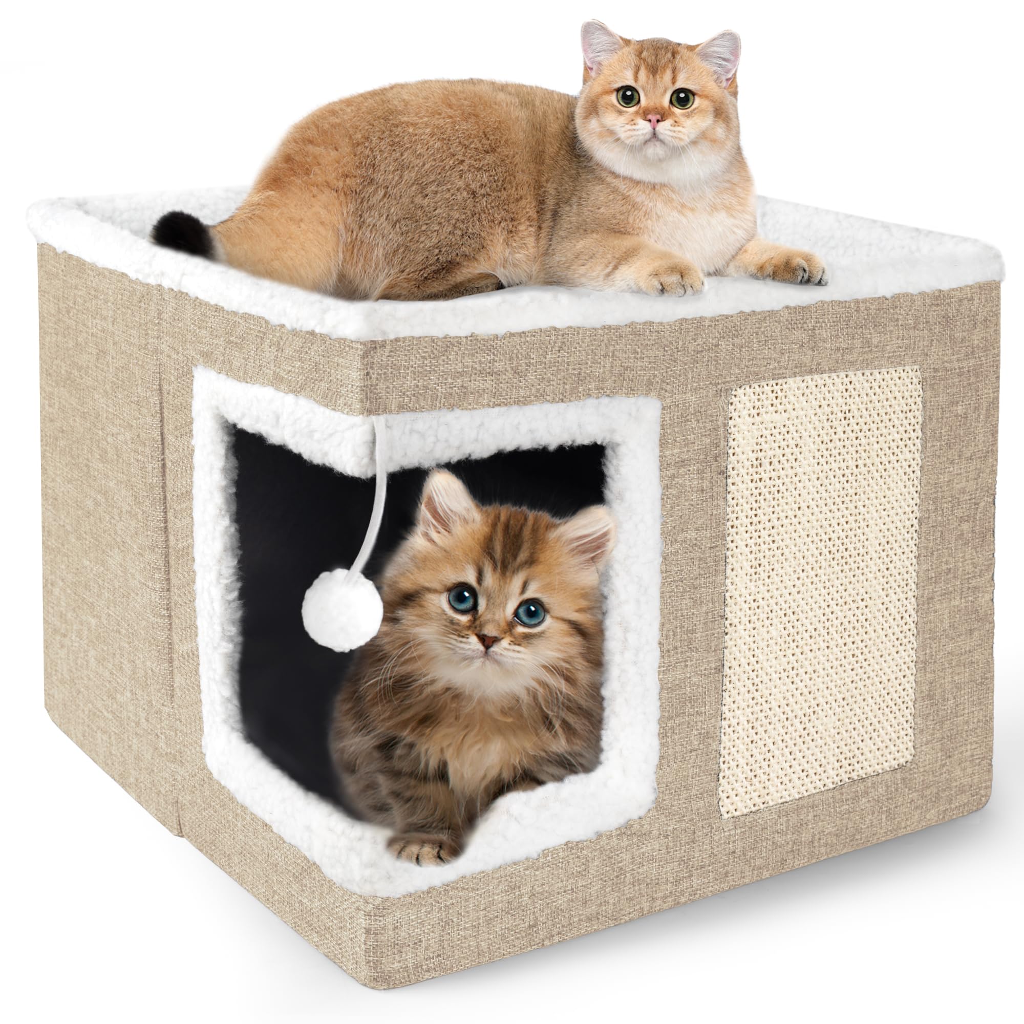 Loyareal Cat Houses for Indoor Cats - Large Cat Bed Cave with Scratch Pad and Fluffy Ball, Foldable Cat Condo Hideaway with Reve