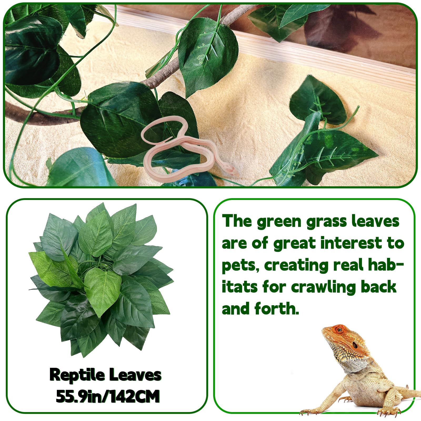 6Pcs Bearded Dragon Hammock Lizard Natural Seagrass Hammock Reptile Jungle Climbing Vines And Leaves With Suction Cups Habitat Décor Tank Accessories For Hiding& Climbing Snake Gecko Bird Chameleon