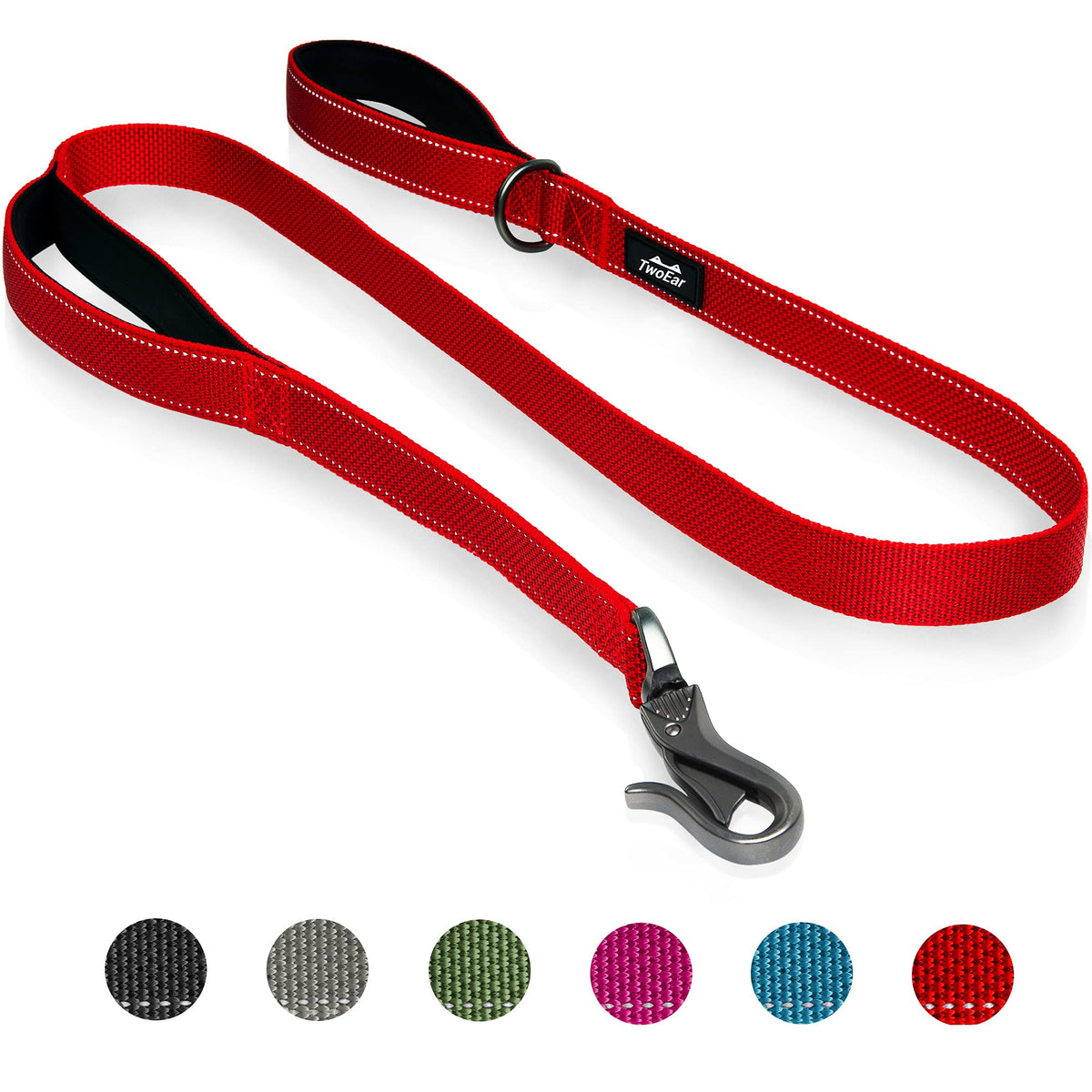 Twoear 4Ft 1In Strong Red Dog Leash With 2 Padded Handles, Traffic Handle Extra Control, Comfortable Soft Dual Handle, Auto Lock Hook, Reflective Walking Lead For Small Medium And Large Dogs