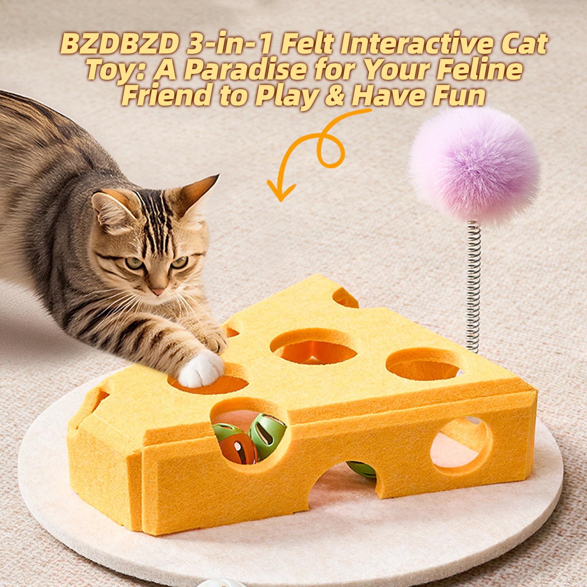 BZDBZD Interactive Cat Puzzle Feeder - Felt Cheese Cat Scratch Box-Nail File Maze, Jingle Balls & Spring Teaser | Slow Feeding &