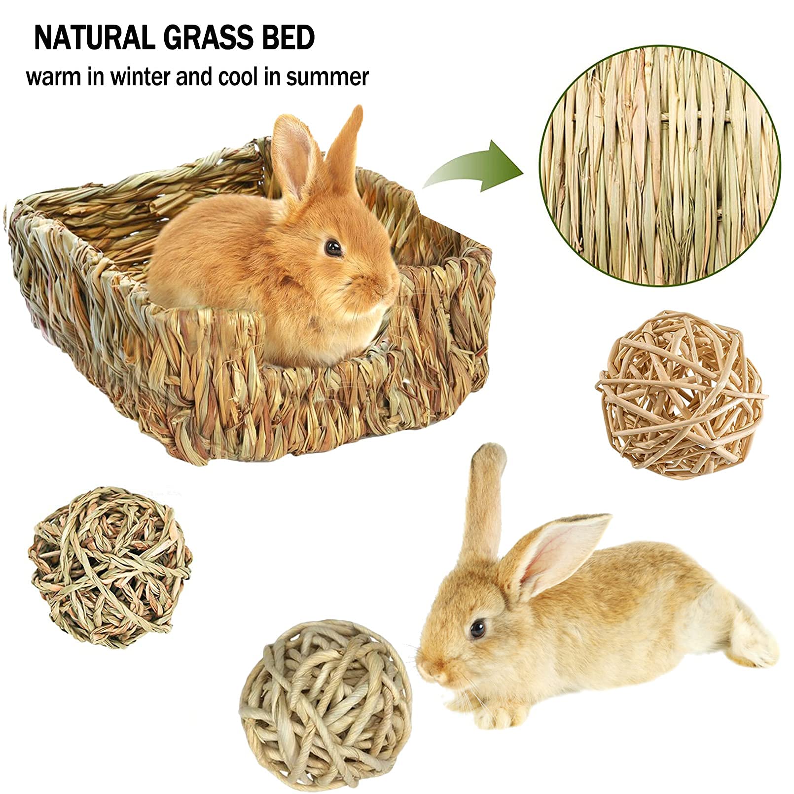 Hamiledyi Rabbit Grass Bed For Bunny, 21 Pcs Rabbit Chew Toys For Teeth Grinding Sweet Bamboo Timothy Stick Woven Grass Ball Pin