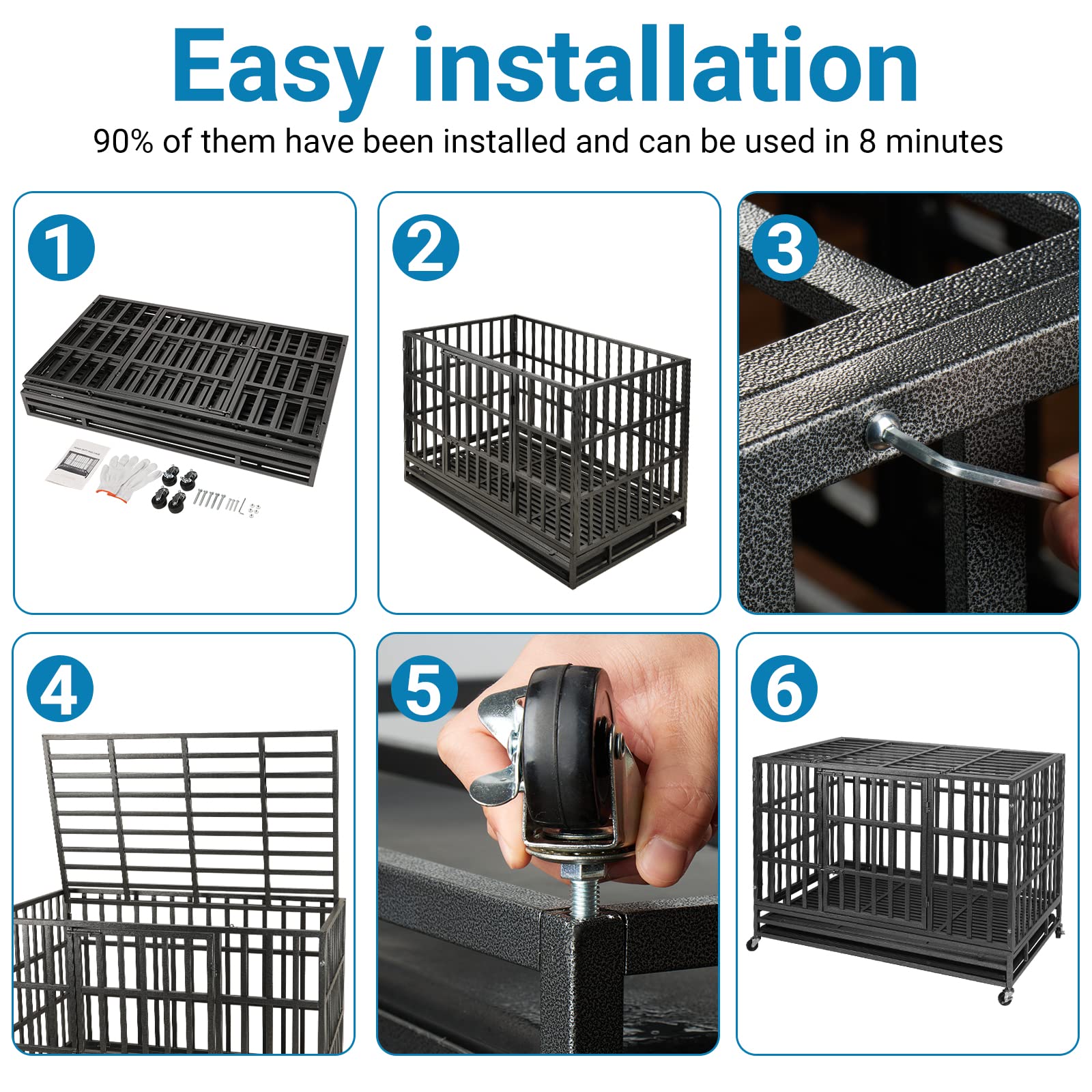 Shushim 48 Inch Heavy Duty Dog Crate Kennel With Wheels, High Anxiety Indestructible Dog Crates For Large Dogs, Xl Xxl Extra Lar