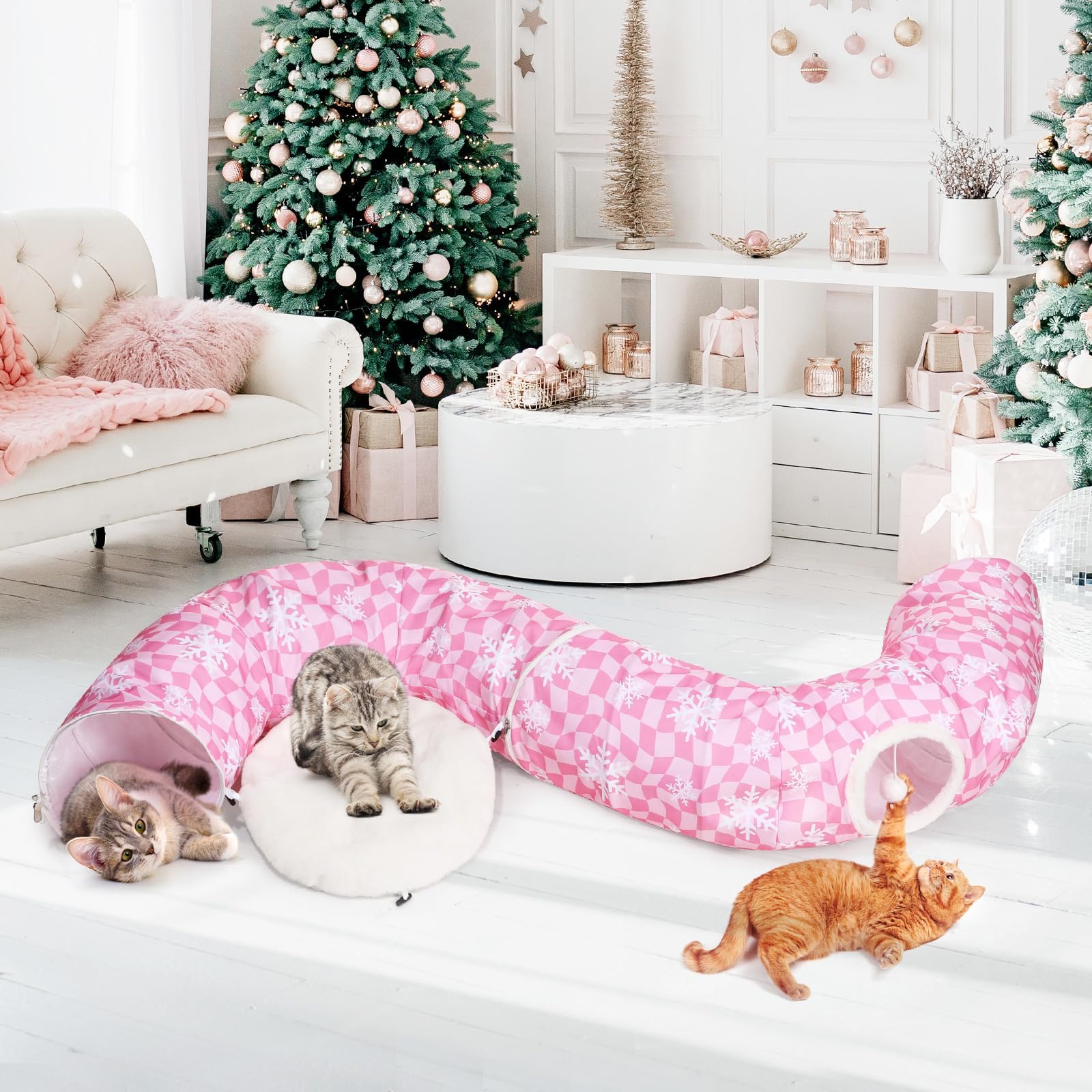 Pink Cat Tunnel Bed Peekaboo Cat Cave Donut Under Christmas Tree Pink Checker With Snowflakes Festive Decor Perfect For Small Me
