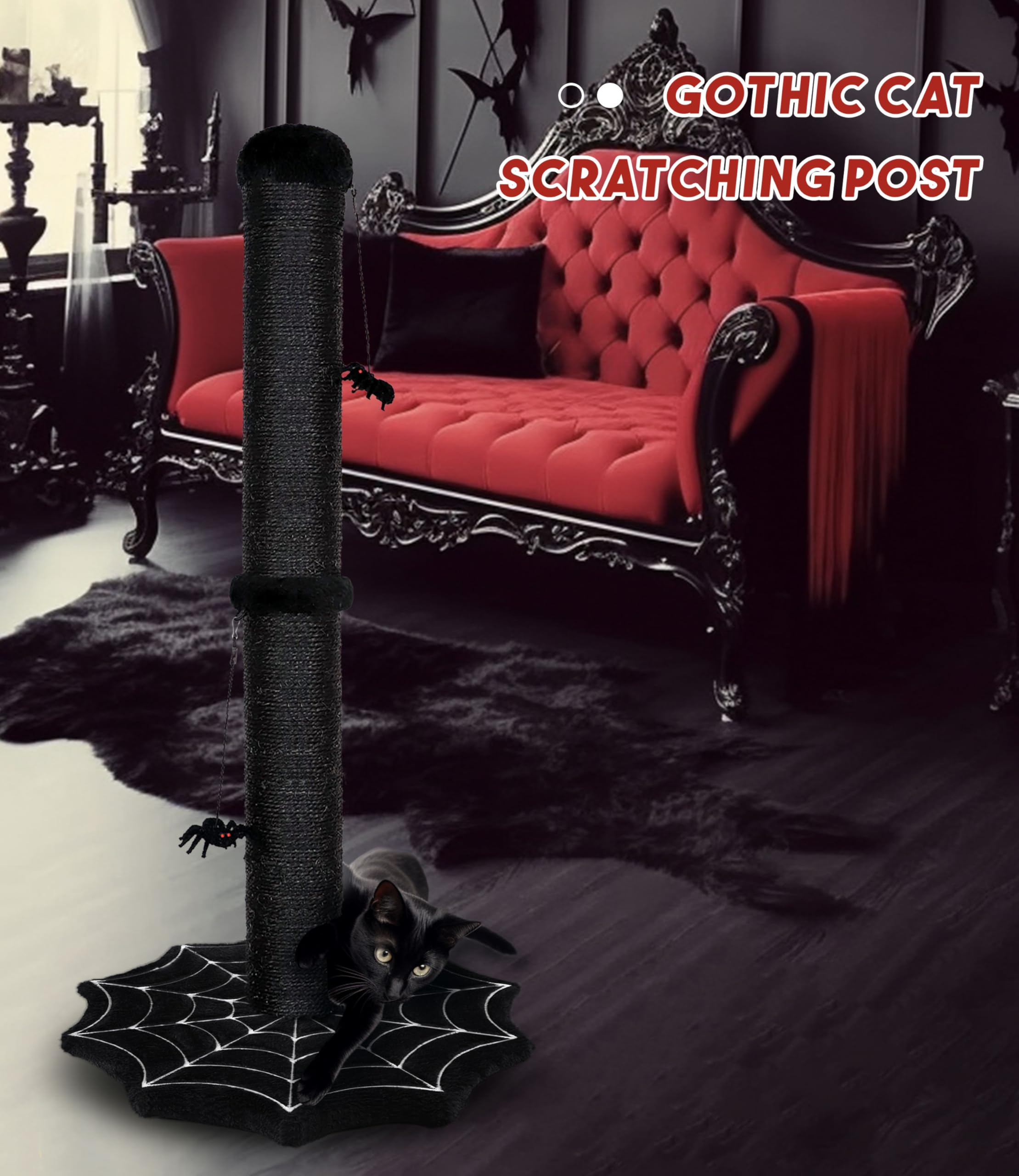 Puzzlepaw Gothic Cat Scratching Post With Spider Dangling Toys For Indoor Cats, Halloween Spooky Cat Scratcher,Activity Cat Play