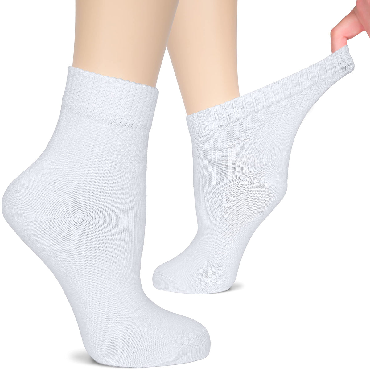 Hugh Ugoli Womens Bamboo Ankle Loose Fit Diabetic Socks, Soft, Seamless Toe, Wide Stretchy, Non-Binding Top, 3 Pairs, White, Sho