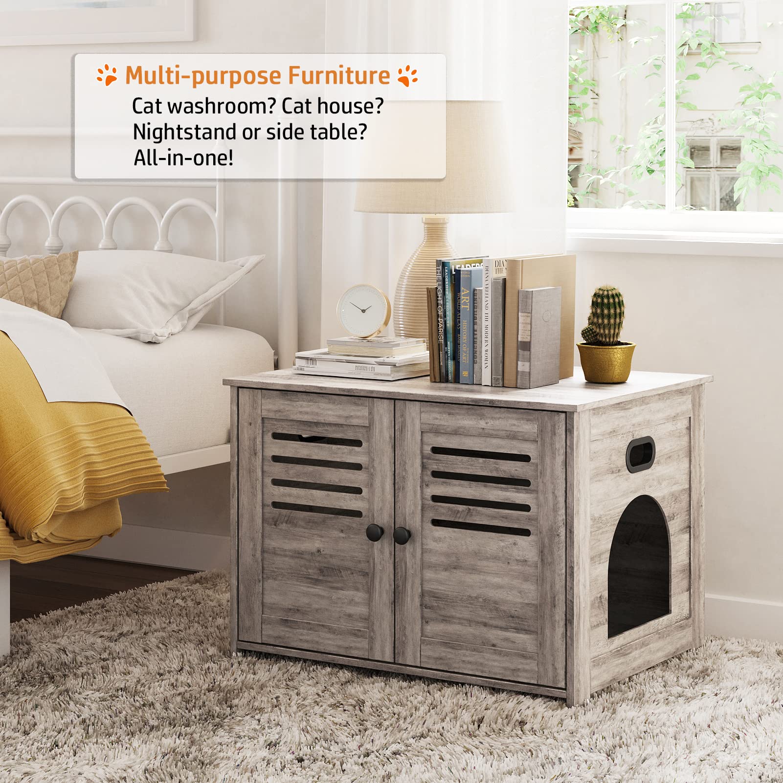 Dinzi Lvj Litter Box Enclosure, Cat Litter House With Louvered Doors, Entrance Can Be On Left Or Right Side, Spacious Hidden Cat Washroom For Most Of Litter Box, Cat Furniture Cabinet, Greige