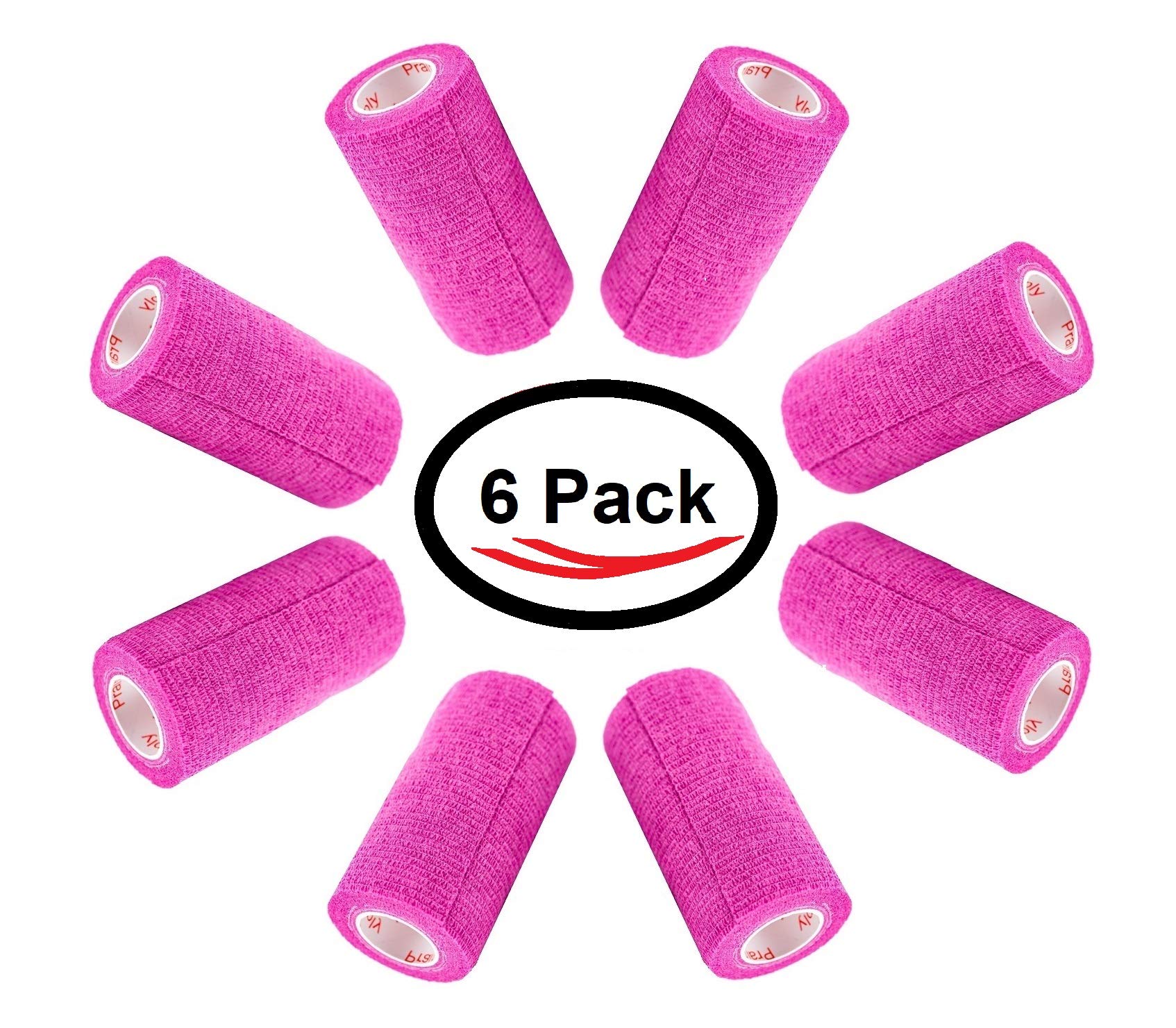 3 Inch Vet Wrap Tape Bulk (Fuchsia) (Pack of 6) Self Adhesive Adherent Adhering Flex Bandage Grip Roll for Dog Cat Pet Horse