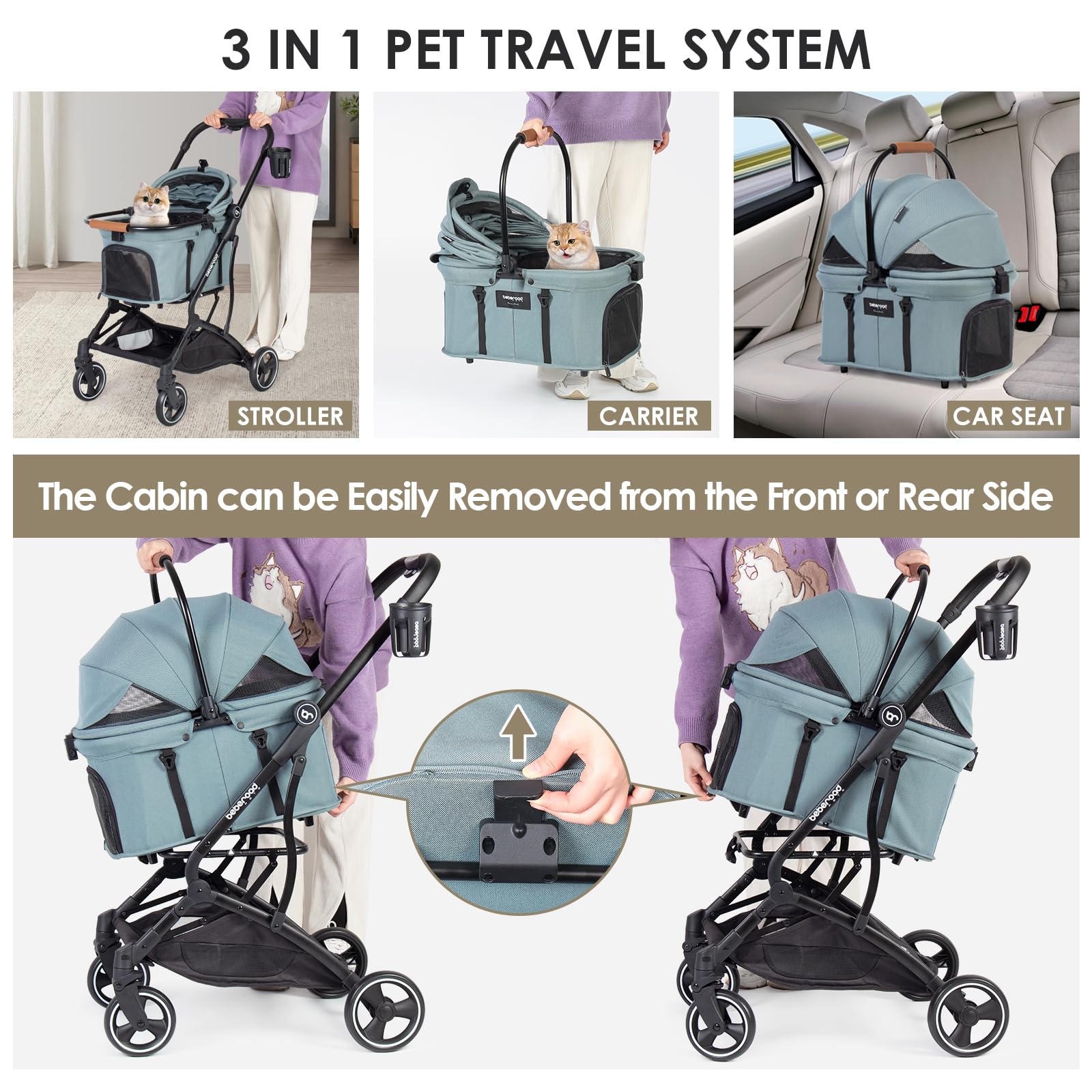 Beberoad Pets T3 3 In 1 Small Pet Stroller For Dog & Cats, 4 Wheels With Detachable Carrier With Pad, Canopy And Cup Holder, Gre