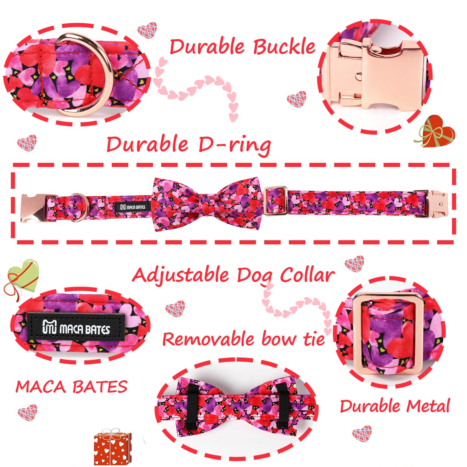 Maca Bates Valentines Dog Collar with Bow Comfortable Soft Heart Dog Collar with Metal Buckle Adjustable Puppy Collar Valentine'
