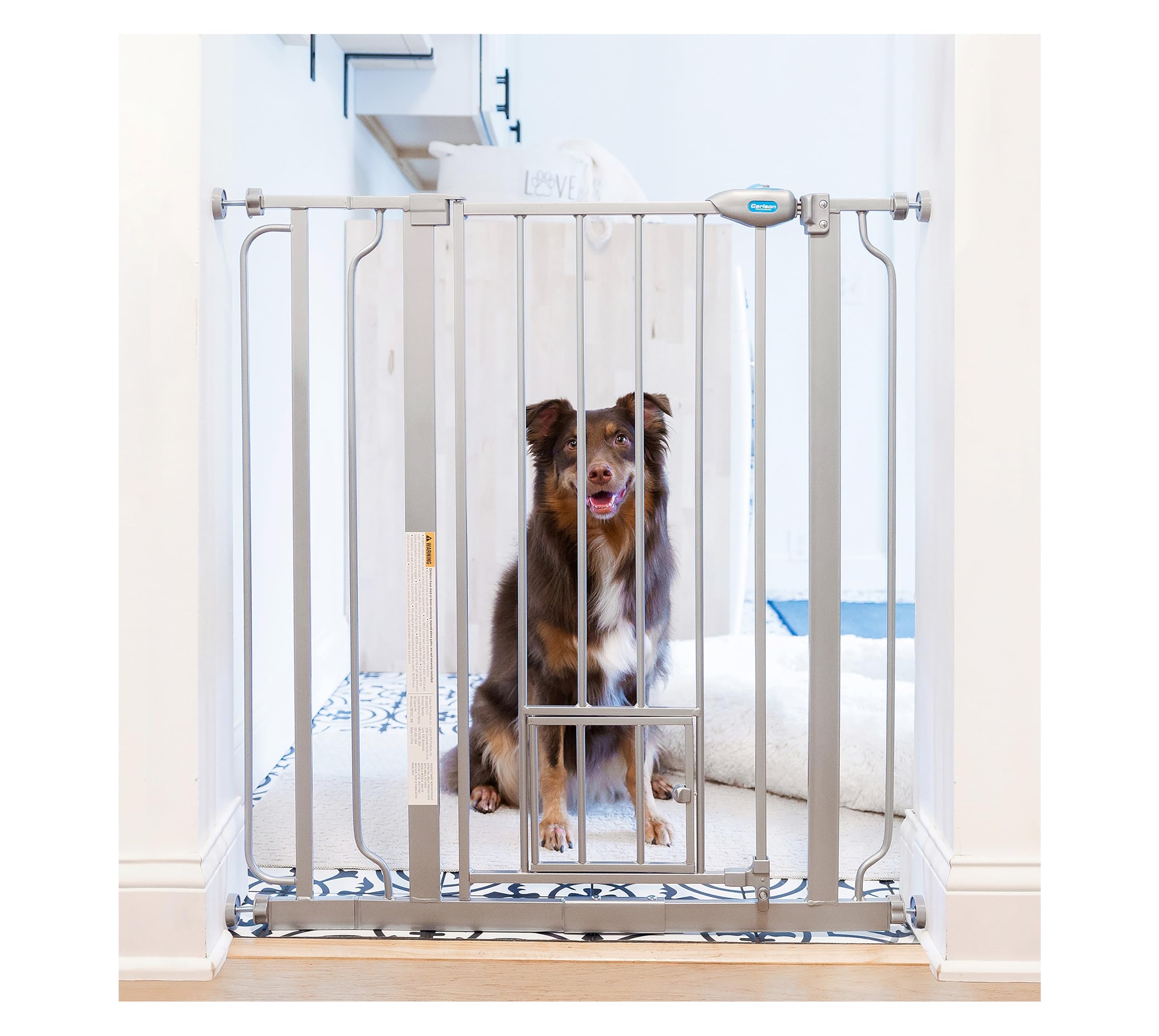 Carlson Extra Tall Walk Through Pet Gate With Small Pet Door, Includes 4-Inch Extension Kit, 4 Pack Pressure Mount Kit And 4 Pack Wall Mount Kit, Platinum, Gray