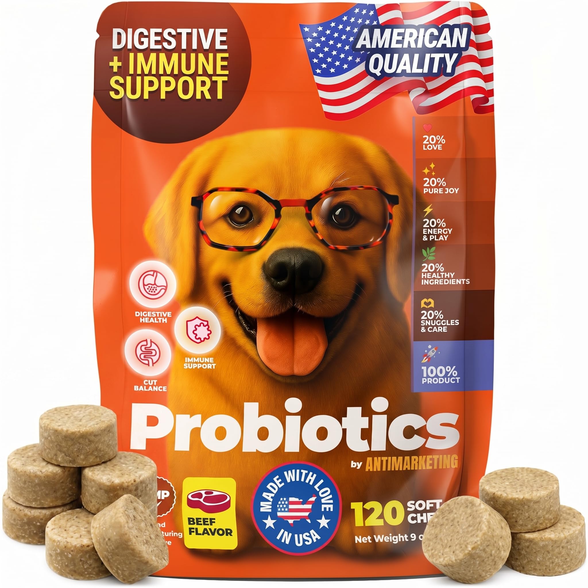Probiotics for Dogs, Dog Probiotics for Digestive Health, Gut Support & Yeast Balance - 120 Probiotic Chews for Dogs with Pumpki