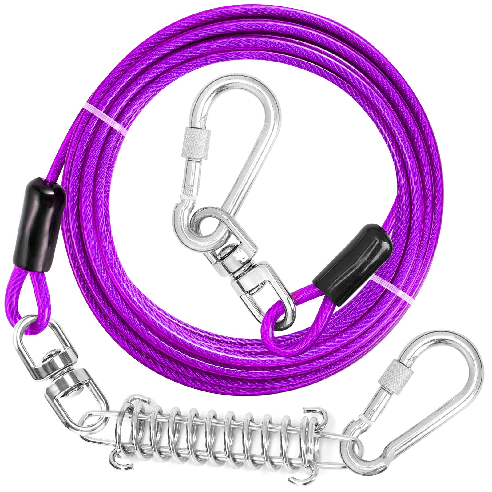 Jenico Dog Tie Out Cable, 10/15/20/30/40/50/70/100/150FT Runner Cable with Swivel Hook and Shock Spring, Outdoor and Camping Dog