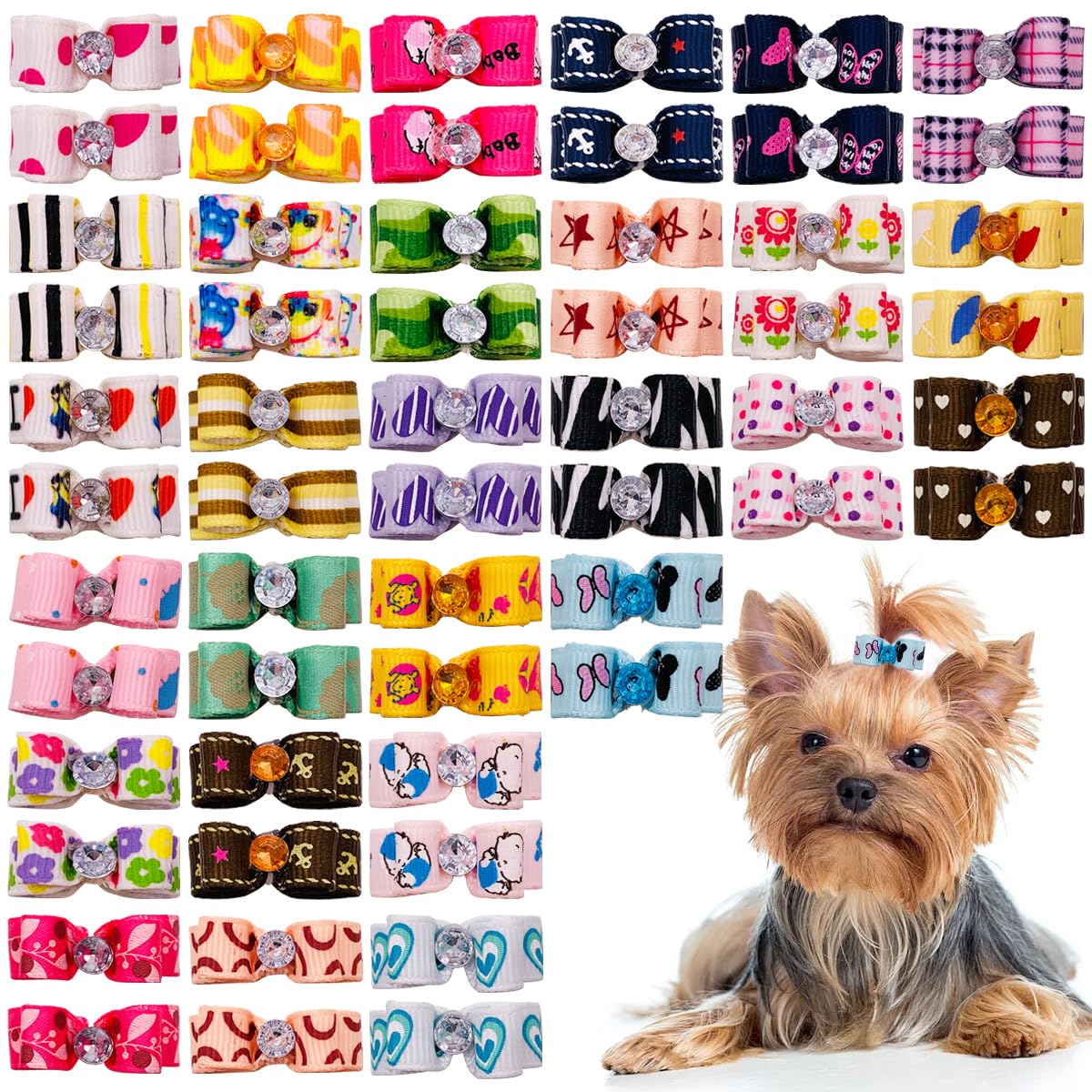 Pet Show 20 Pack Mini Small Dogs Hair Bows With Rubber Bands Ribbon Rhinestone Dog Puppy Yorkie Grooming Tiny Topknot Hair Accessories Assorted Color