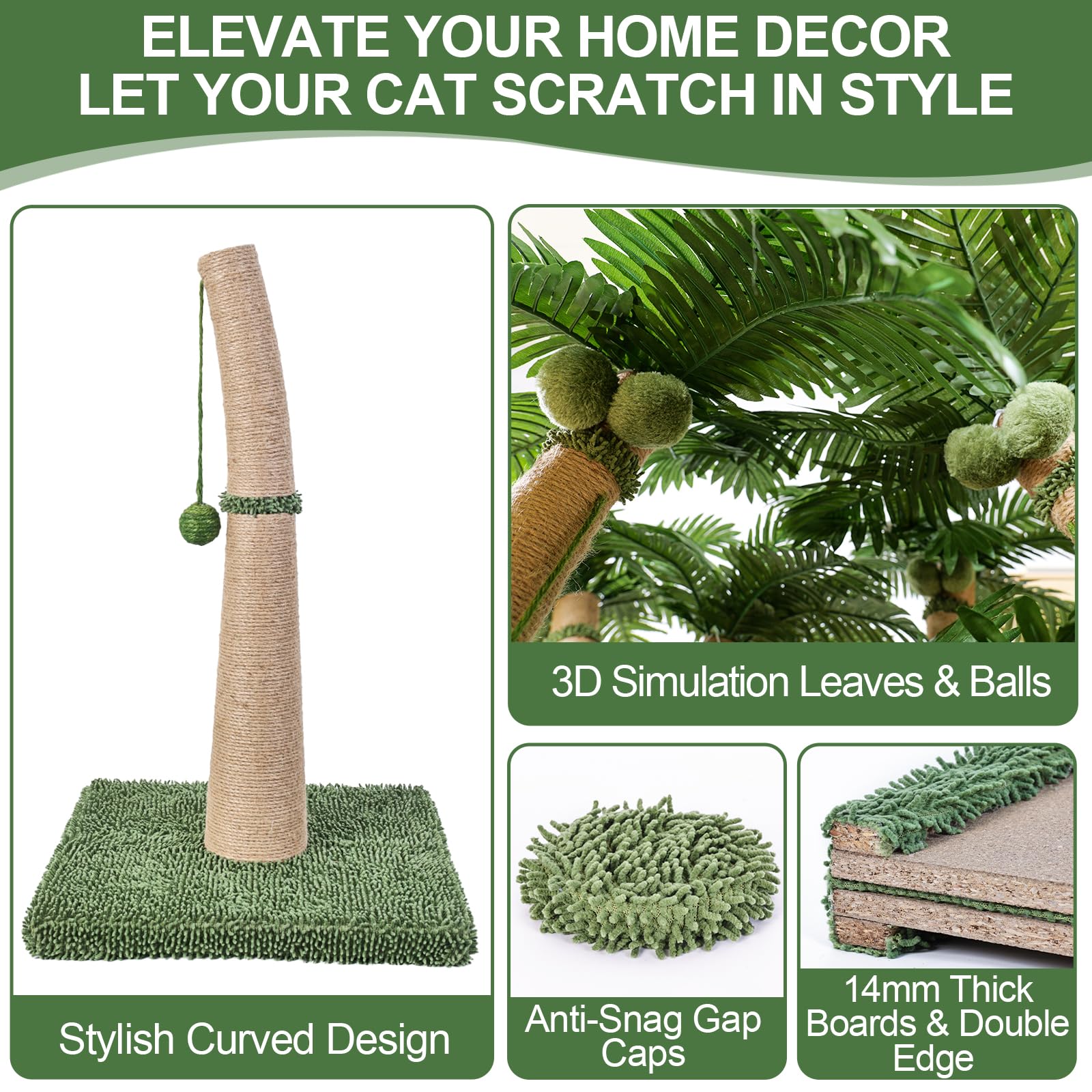 Furlogy 40'' Tall Cat Scratching Post, Curved Design Cat Scratcher Post With 3 Interactive Balls, Natural Sisal Rope Cat Scratch