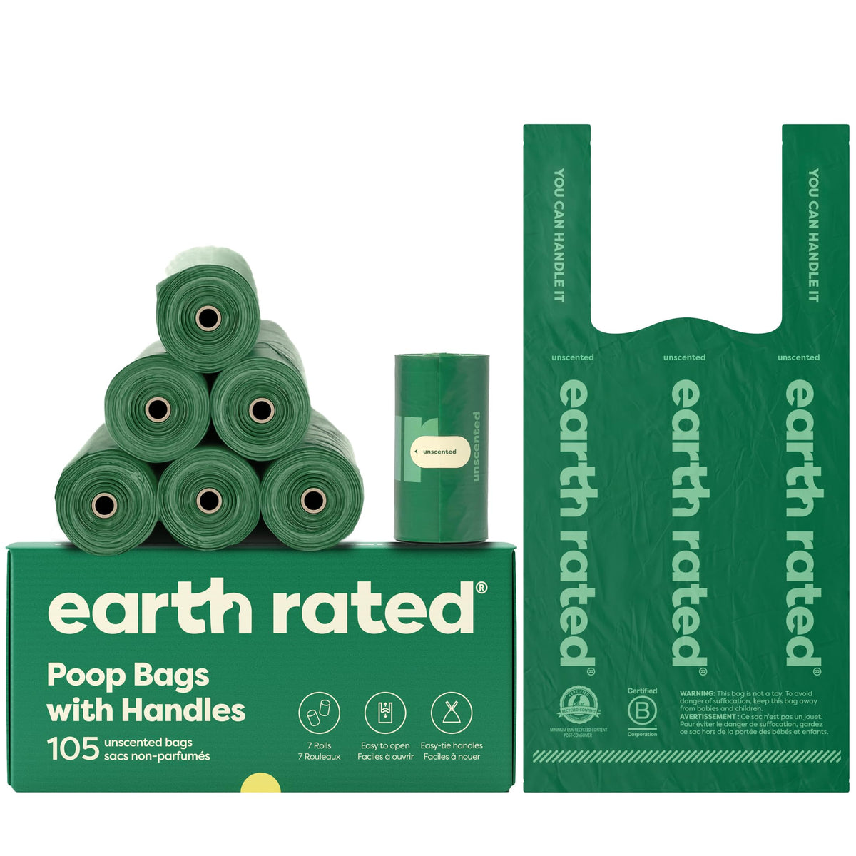 Earth Rated Dog Poop Bags With Handles On Refill Rolls, Easy-Tie On A Compact Roll, Extra Wide Opening, Guaranteed Leak-Proof, Unscented, 105 Count