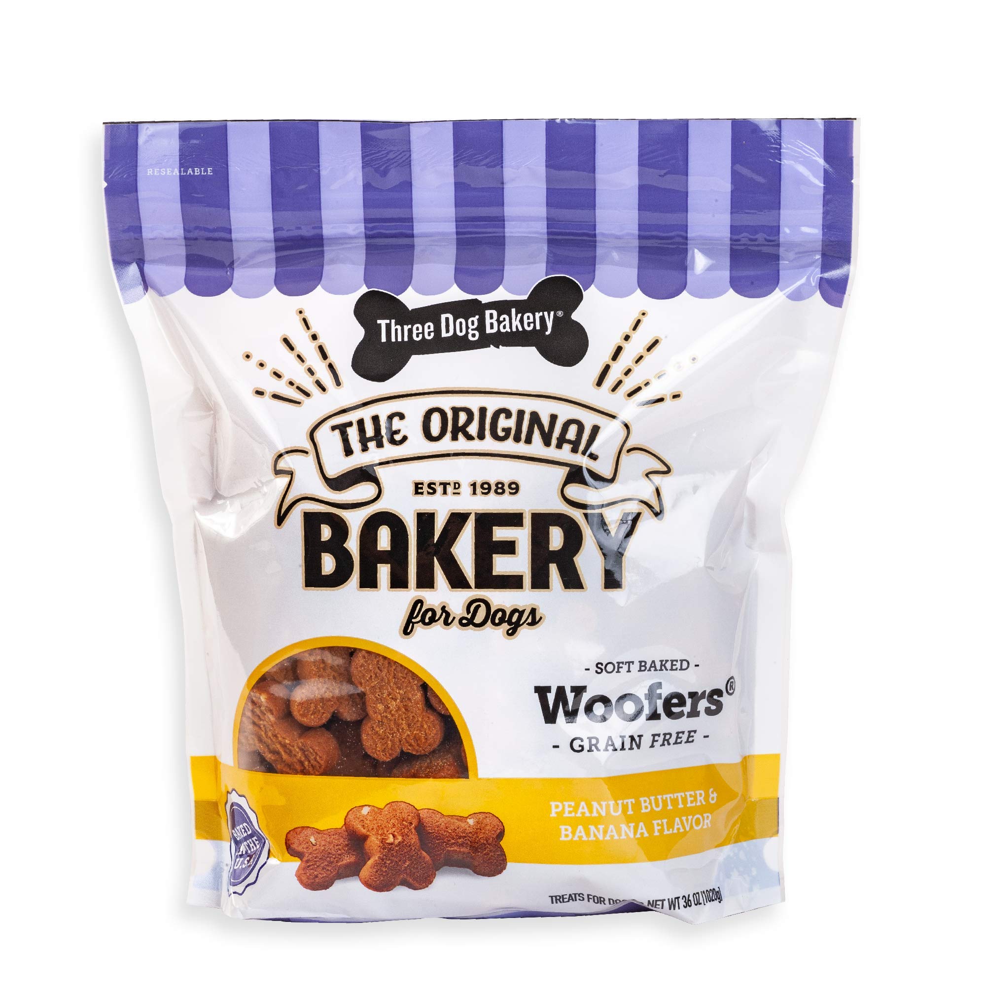 Three Dog Bakery Grain-Free Woof   ers, Peanut Butter & Banana Flavor - Grain-Free Dog Treat, Cookies for Dog Training Treats, P