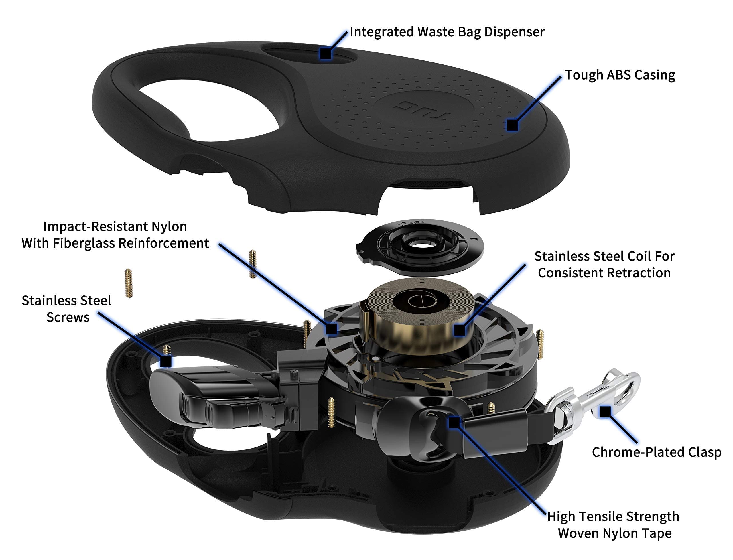Tug Oval 360?Tangle-Free Retractable Dog Leash With Integrated Waste Bag Dispenser (Large, Black)