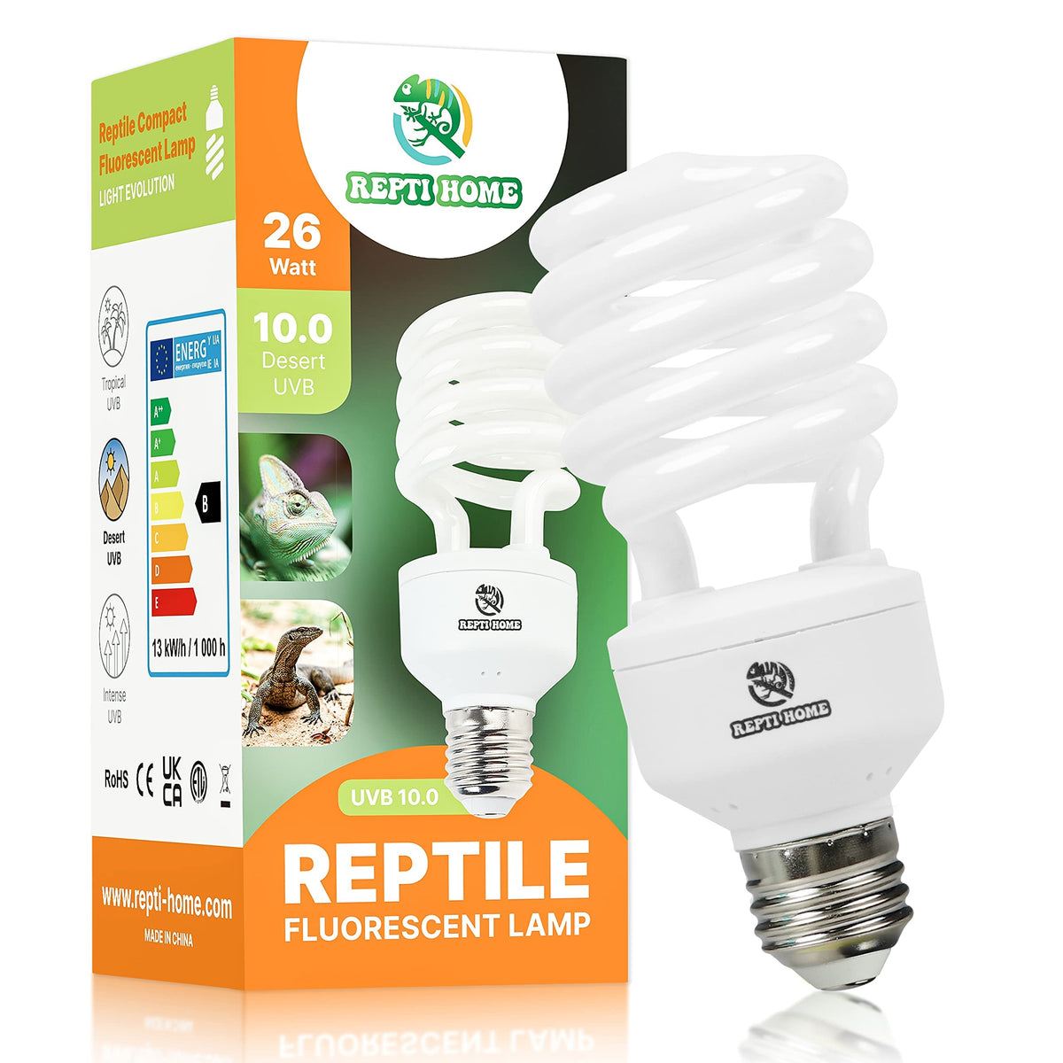 Repti Home Uvb Reptile Light 10.0, 26W Desert Uva Uvb Bulb For Reptiles, Compact Desert Terrarium Lamp, Reptile Uvb Light Bulb For Bearded Dragon, Lizard, Tortoise, Snake, Gecko