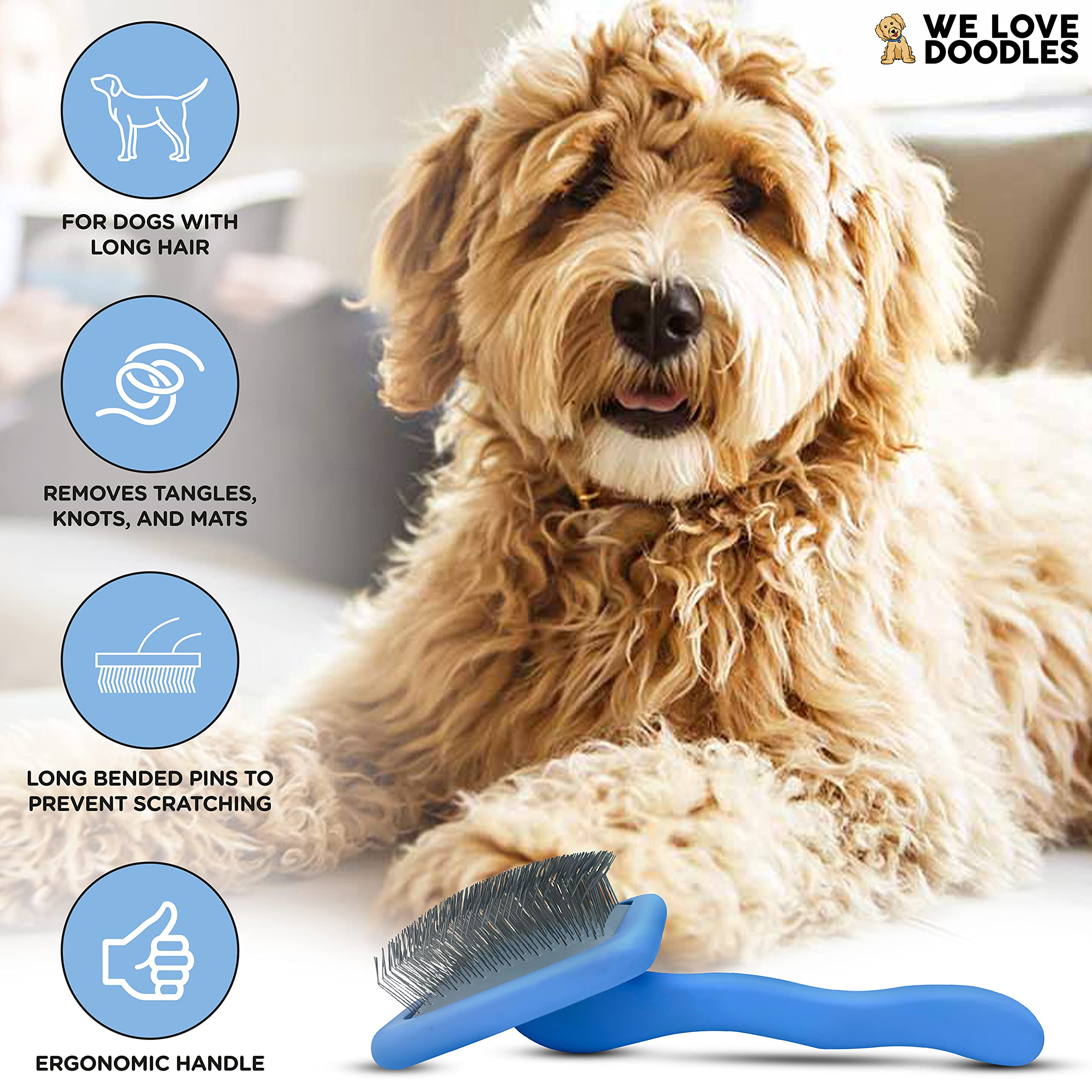 Slicker Brush For Dogs, Grooming Supplies - Best Doodle & Poodle Comb For Long Haired Dogs - Goldendoodle Long Pin Dentangler Fo