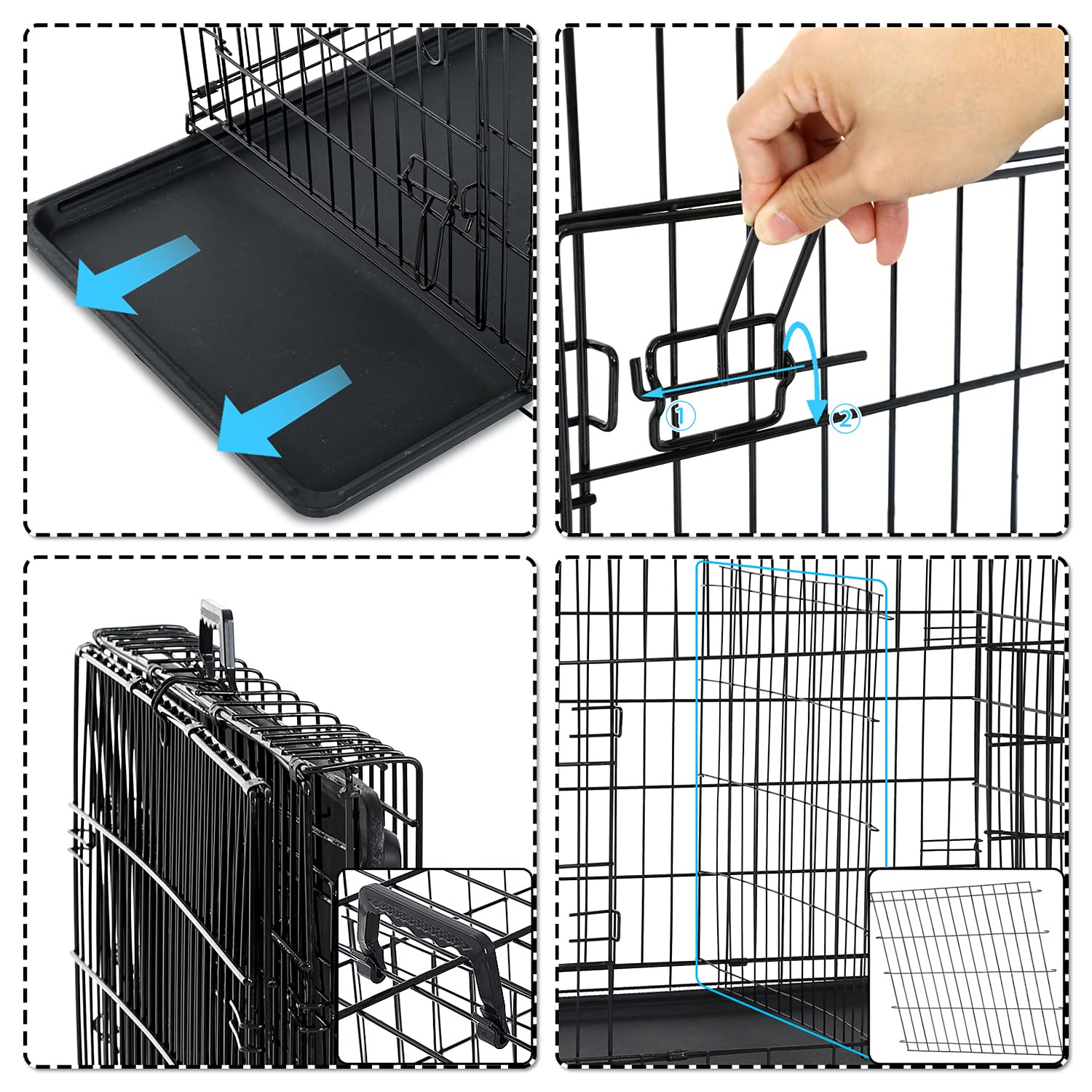 Hcy, Dog Crate, Dog Kennel 48 Inch Double Door Metal Crate Foldable Puppy Supplies Cage With Divider Panel, Handle, Plastic Tray