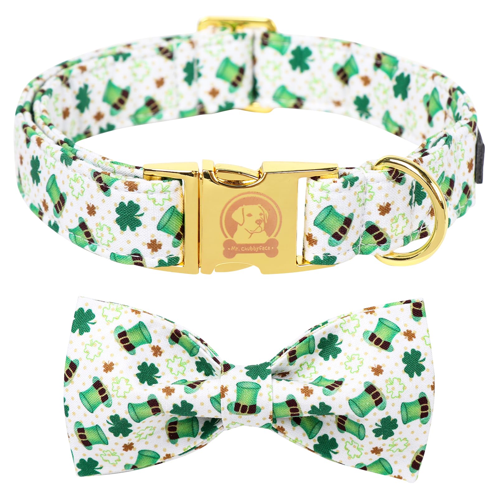 Mr. Chubbyface St.Patrick'S Clover Dog Collar With Bowtie, Green Clovers Shamrock Pattern Metal Buckle Dog Collar Adjustable Sha