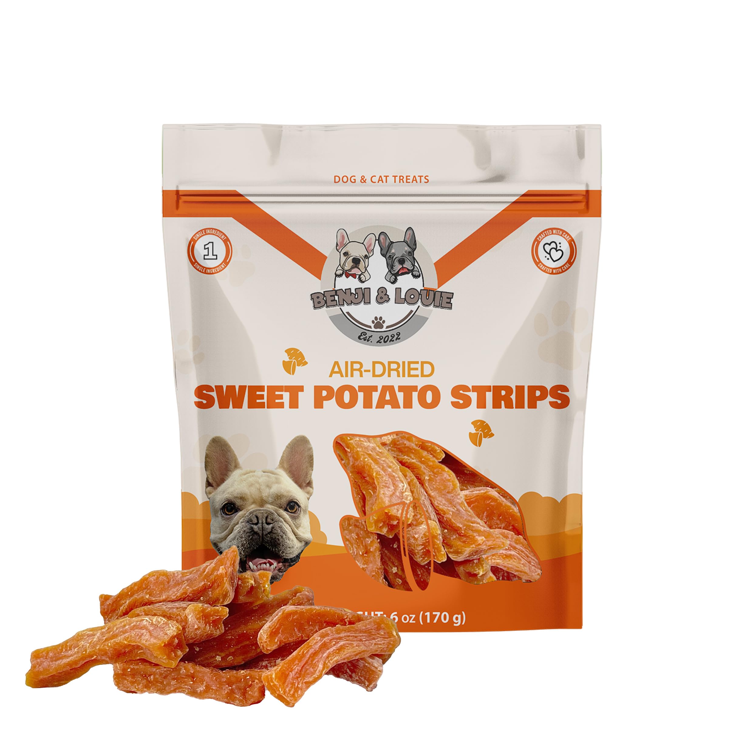 Benji & Louie Air Dried Sweet Potato - Natural Healthy Dog and Cat Treats, Single Ingredient, 6 oz