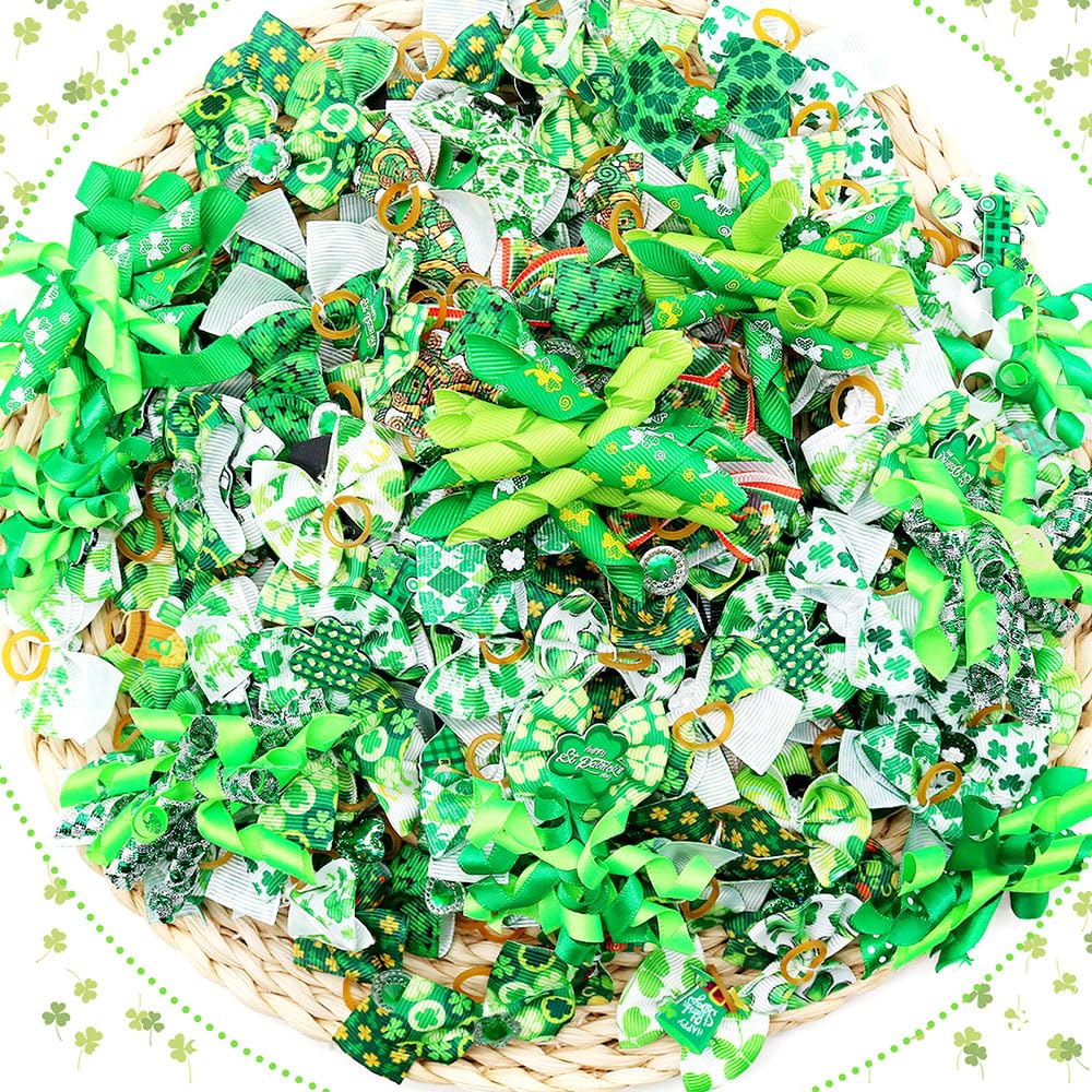 Senniea 60Pcs St. Patrick'S Day Pet Dog Bow And Flower Bow Set Bowknot Dog Hair Bows With Rubber Bands For Festive Fun, Shamrock