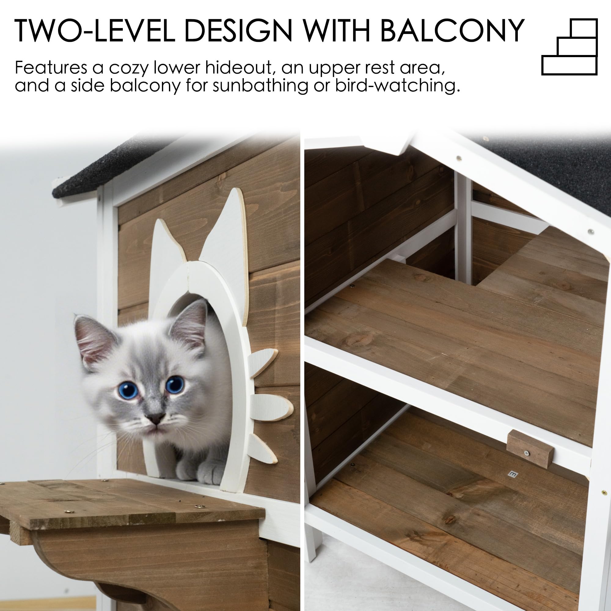 Cukitty Large Outdoor Cat House, 2-Level Weatherproof Spruce Wood, 32W x 22.75D x 36H inches, Gray