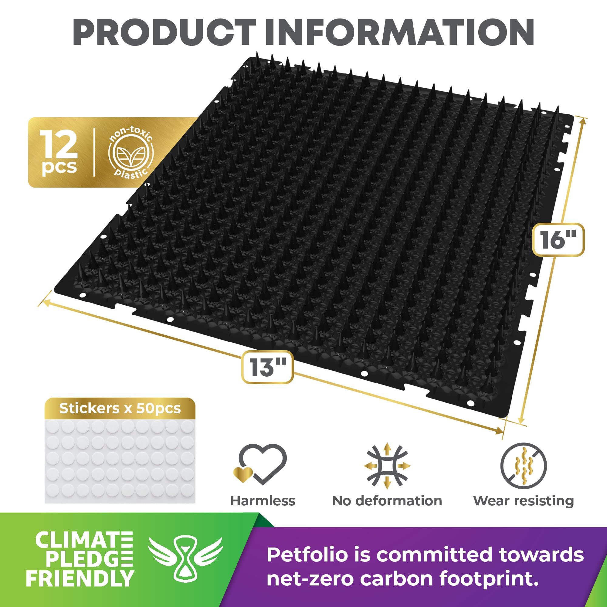Petfolio 12 Pack Black Cat Spike Mat - 16' X 13' Scat Mat For Cats With 1' Spike Is A Perfect Cat Scat Mat For Indoor & Outdoor Cat Repellent To Deter Feral Cats & Dogs