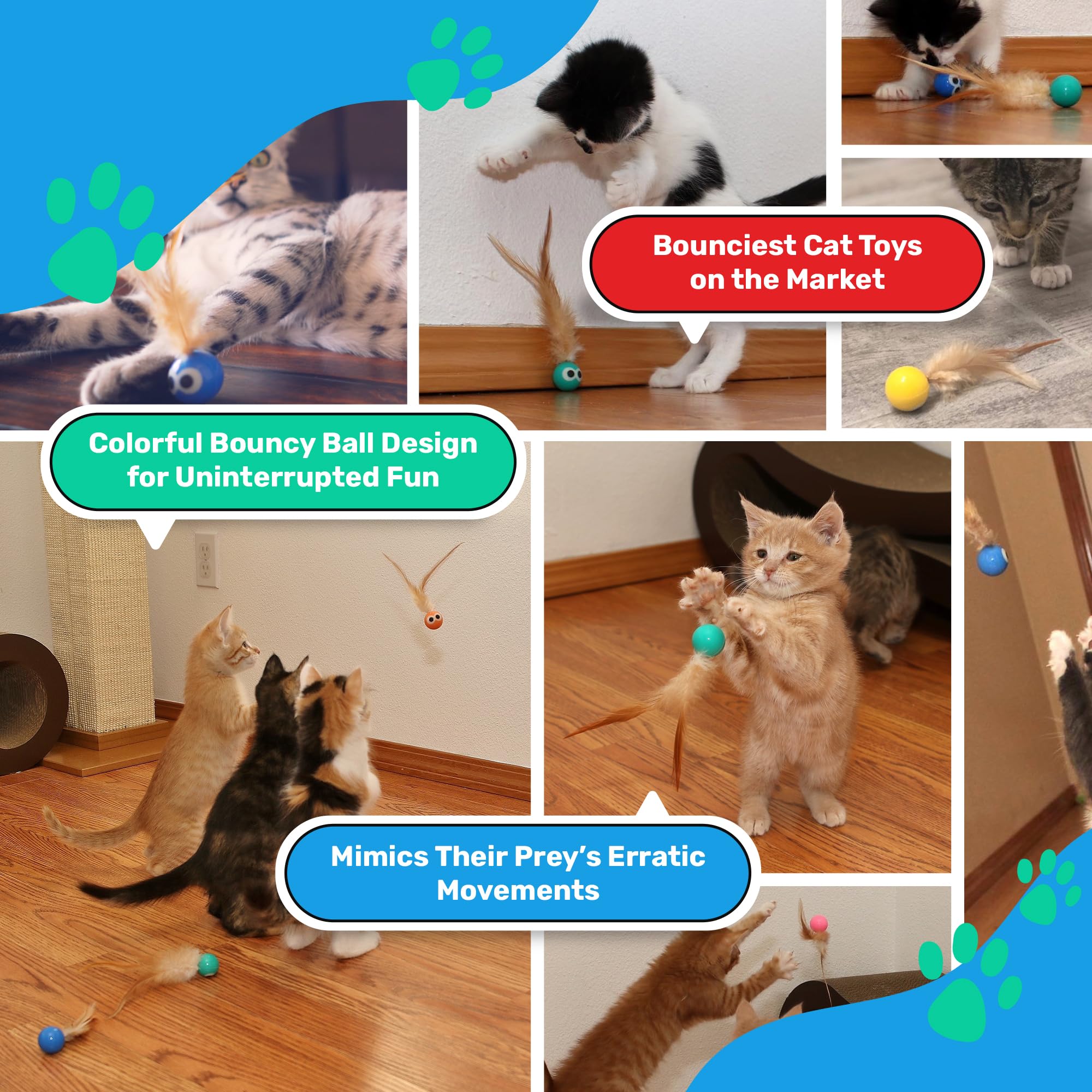 Bouncy Tails 3 Pack Interactive Bouncy Ball with Natural Feathers for Indoor Cats and Kittens who Love to Play and Have Fun.